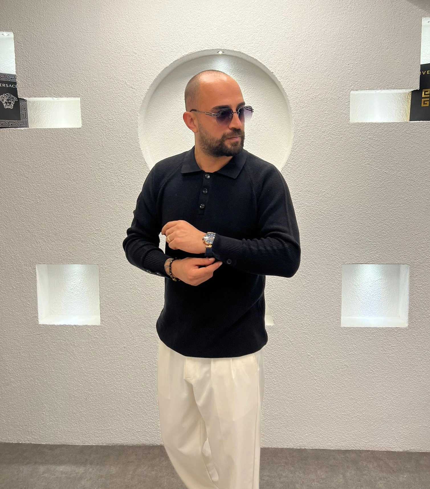 Erkek Regular Fit Düğme Detaylı Pola Yaka Triko Kazak - Siyah