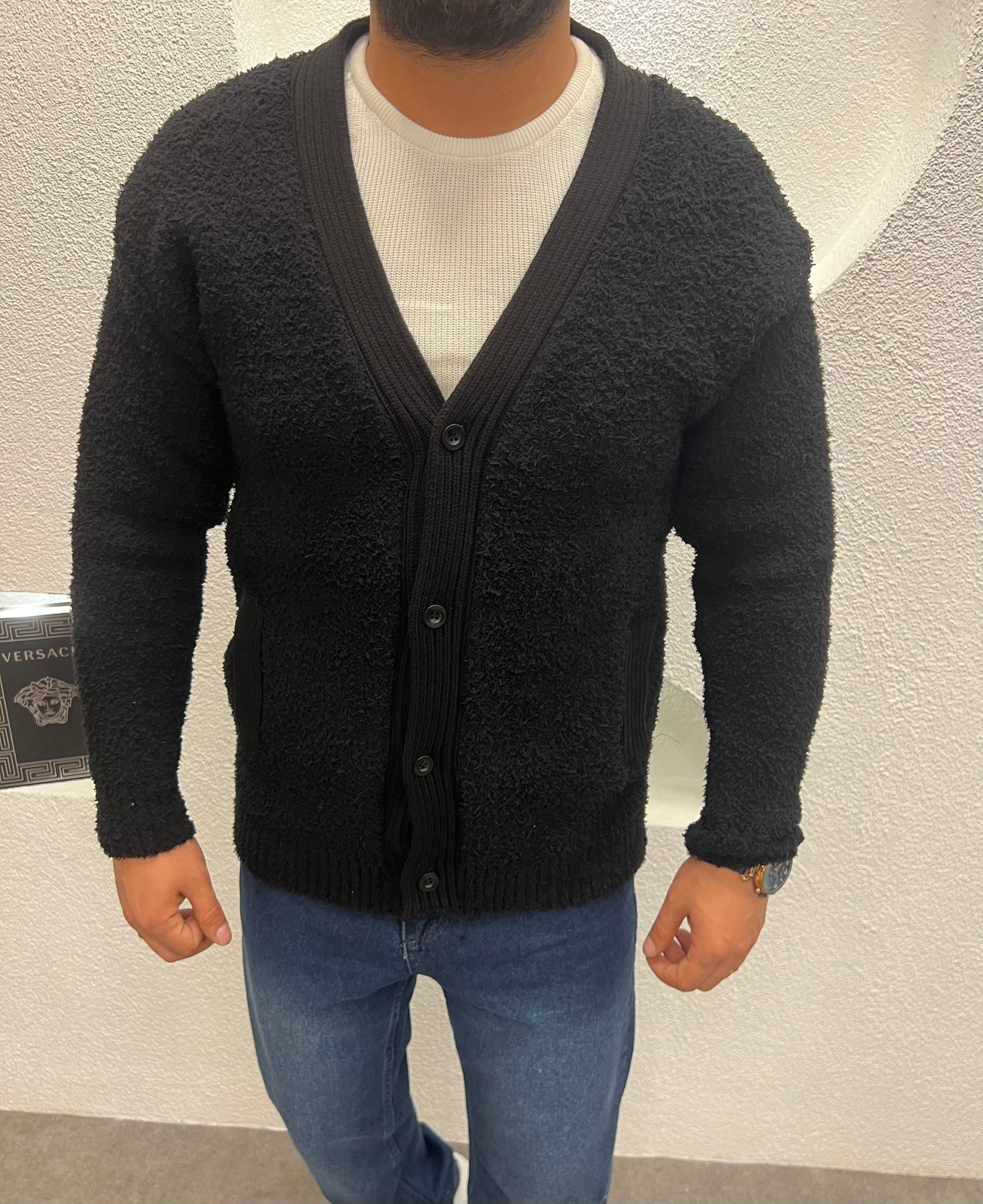 Peluş Kumaş Ön Kapamalı Kalın Erkek Hırka Siyah