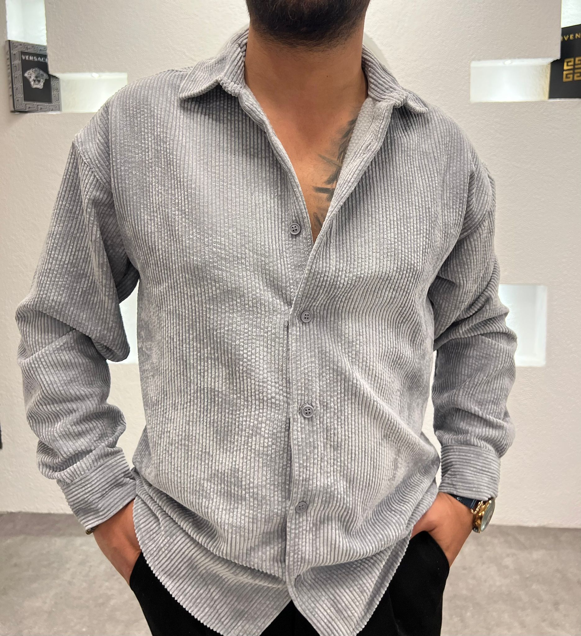 Erkek Oversize Gri Kadife Dokulu Uzun Kollu Gömlek