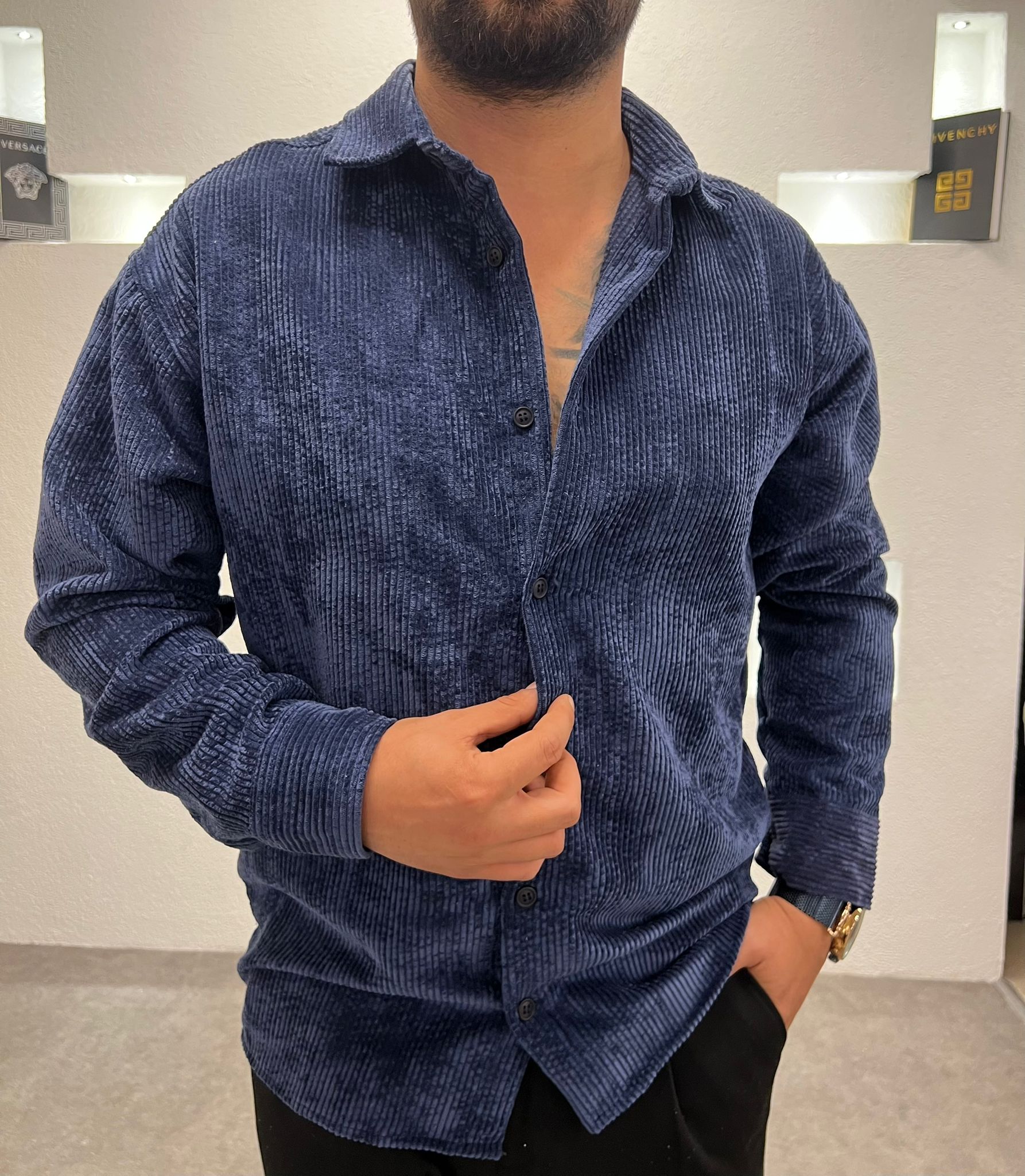 Erkek Oversize Lacivert Kadife Dokulu Uzun Kollu Gömlek 