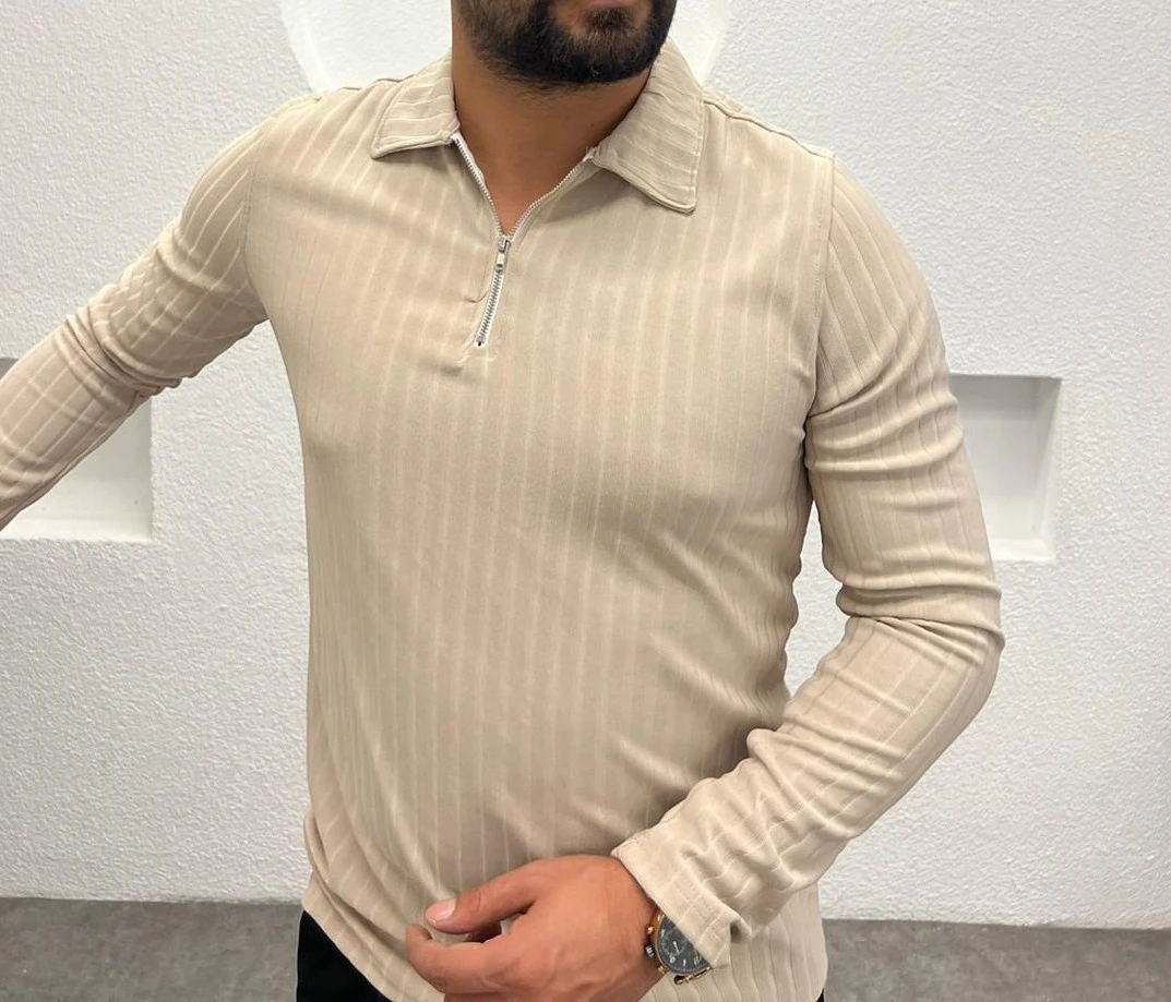 Polo Yaka Fermuarlı Erkek Sweatshirt - Krem