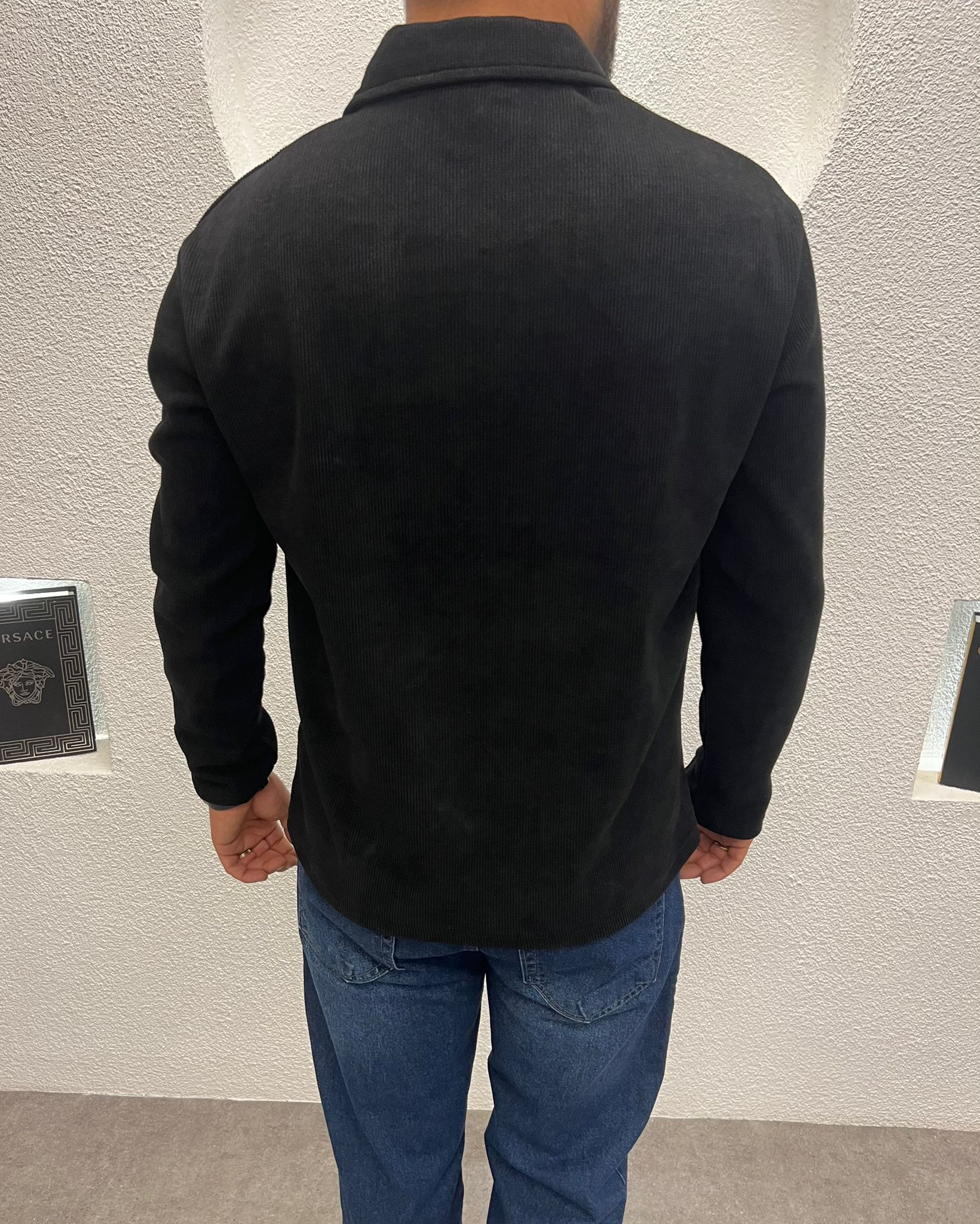 Yarım Fermuar İnce Fİtilli Kadife Kazak Siyah