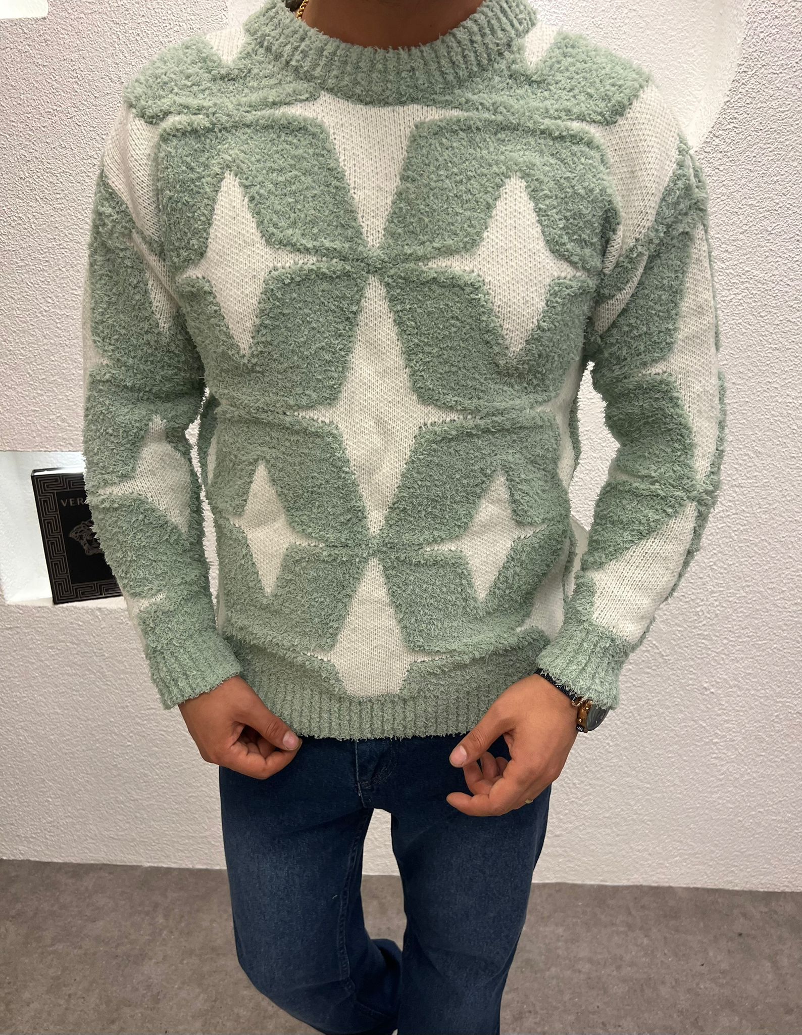 Desenli Peluş Erkek Kalın Kazak Yeşil 