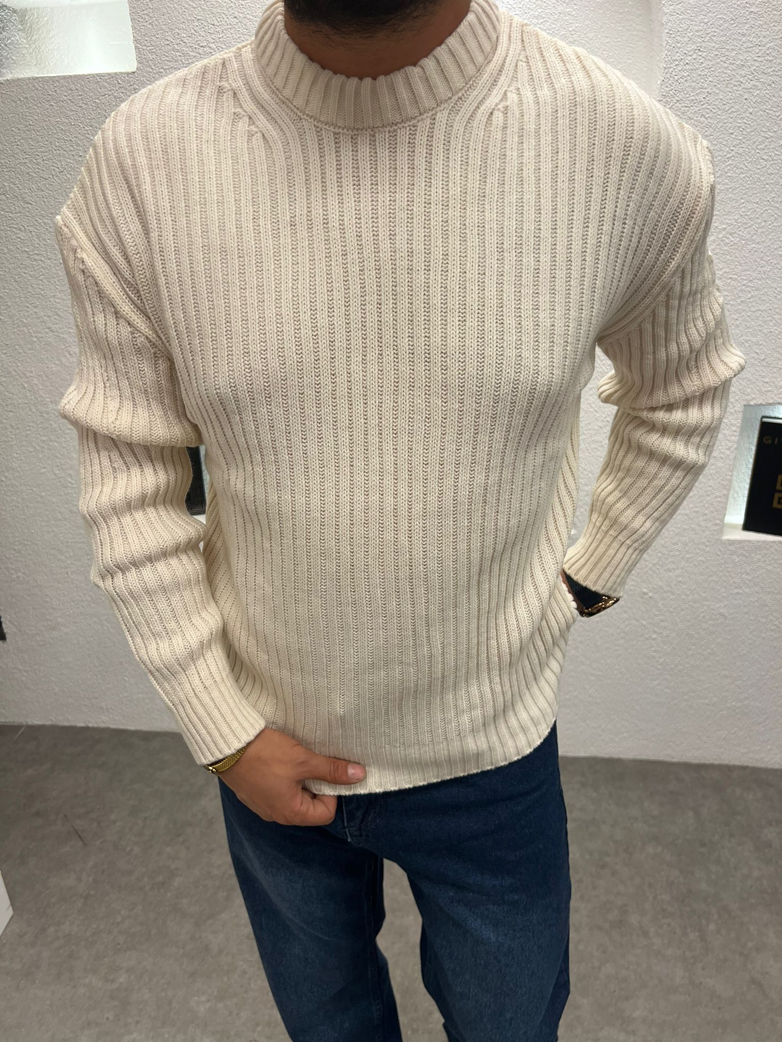 Bisiklet Yaka Kalın Triko Kazak Krem