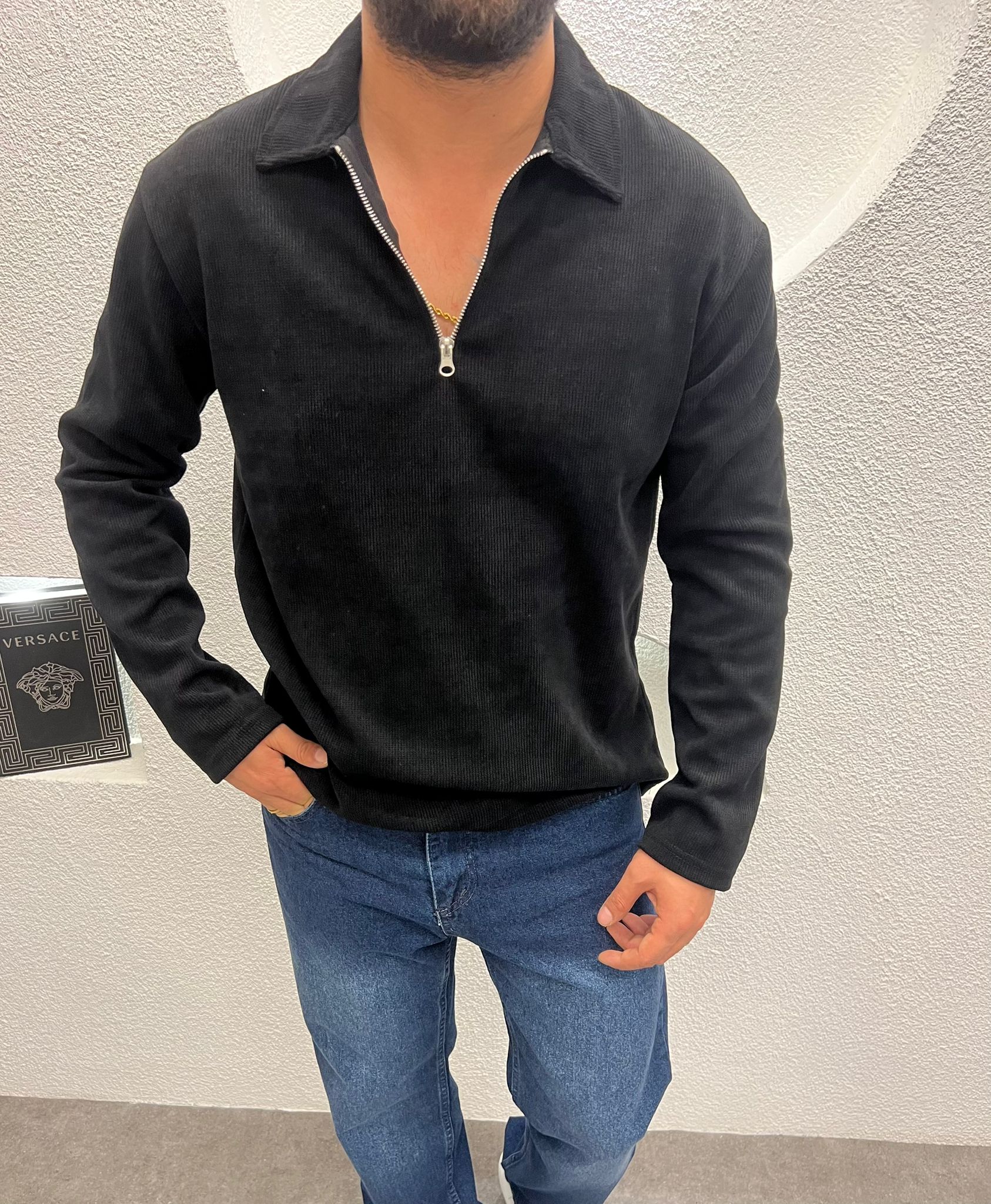 Yarım Fermuar İnce Fİtilli Kadife Kazak Siyah