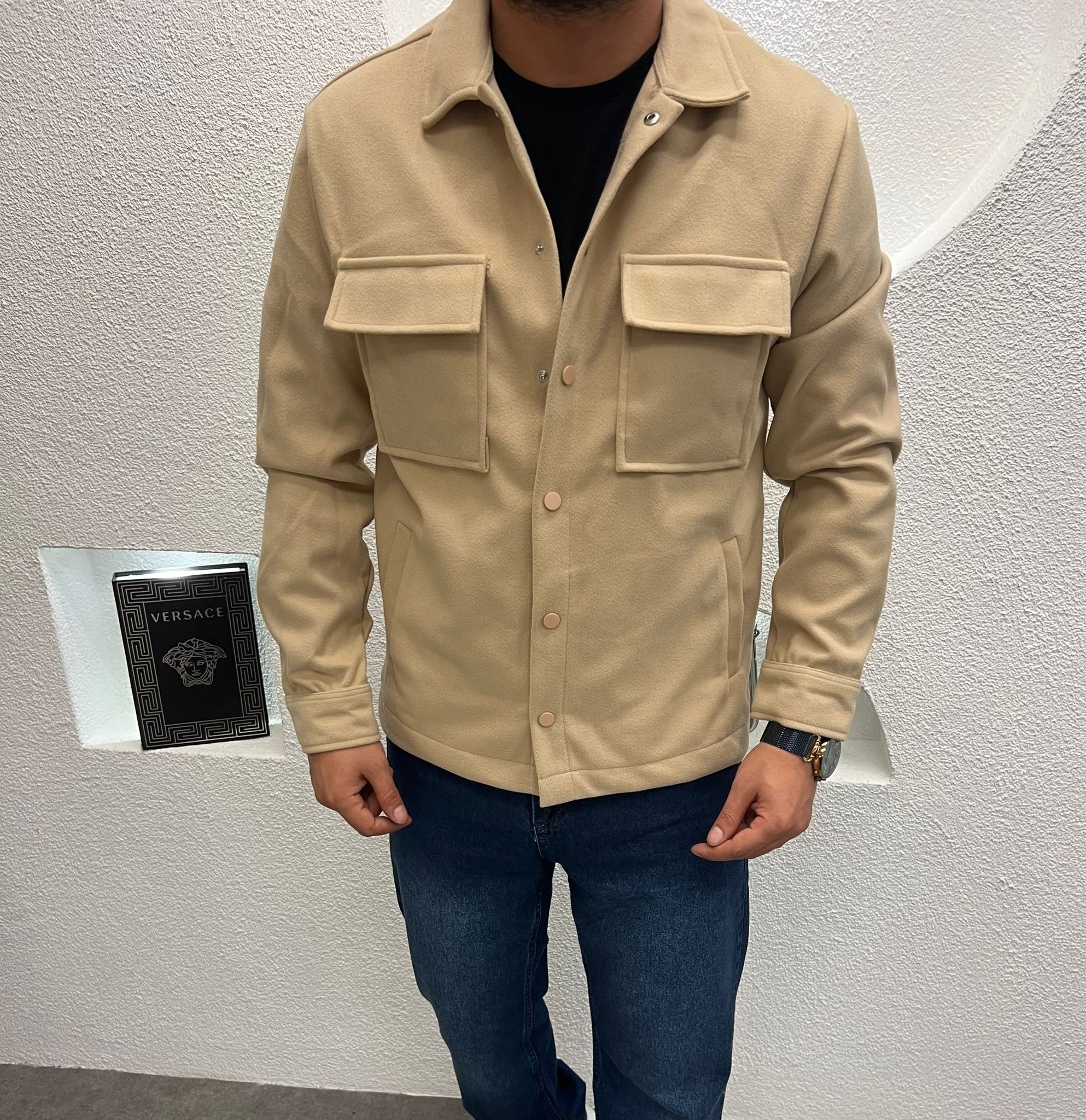 Erkek Kaşe Kumaş Cepli Shacket Ceket Krem