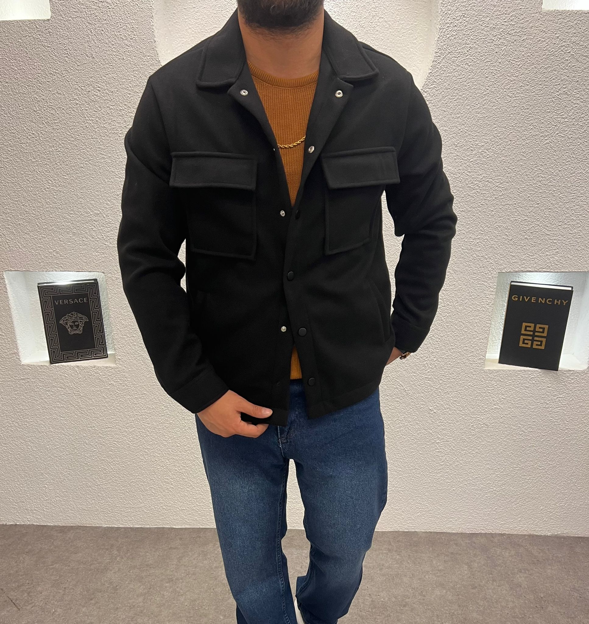 Erkek Kaşe Kumaş Cepli Shacket Ceket Siyah