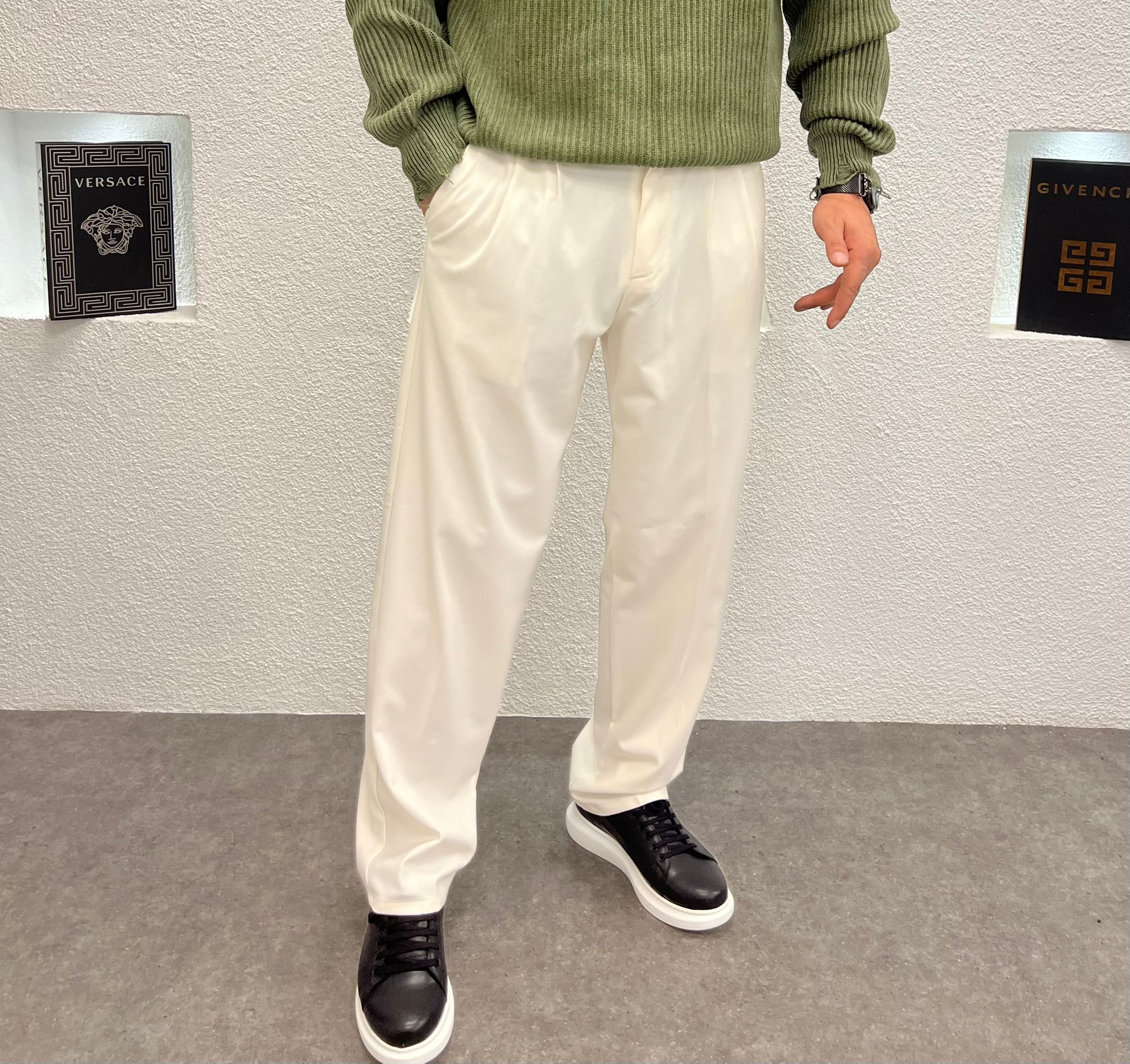 Baggy Kalıp Kışlık Kumaş Pantolon Beyaz 