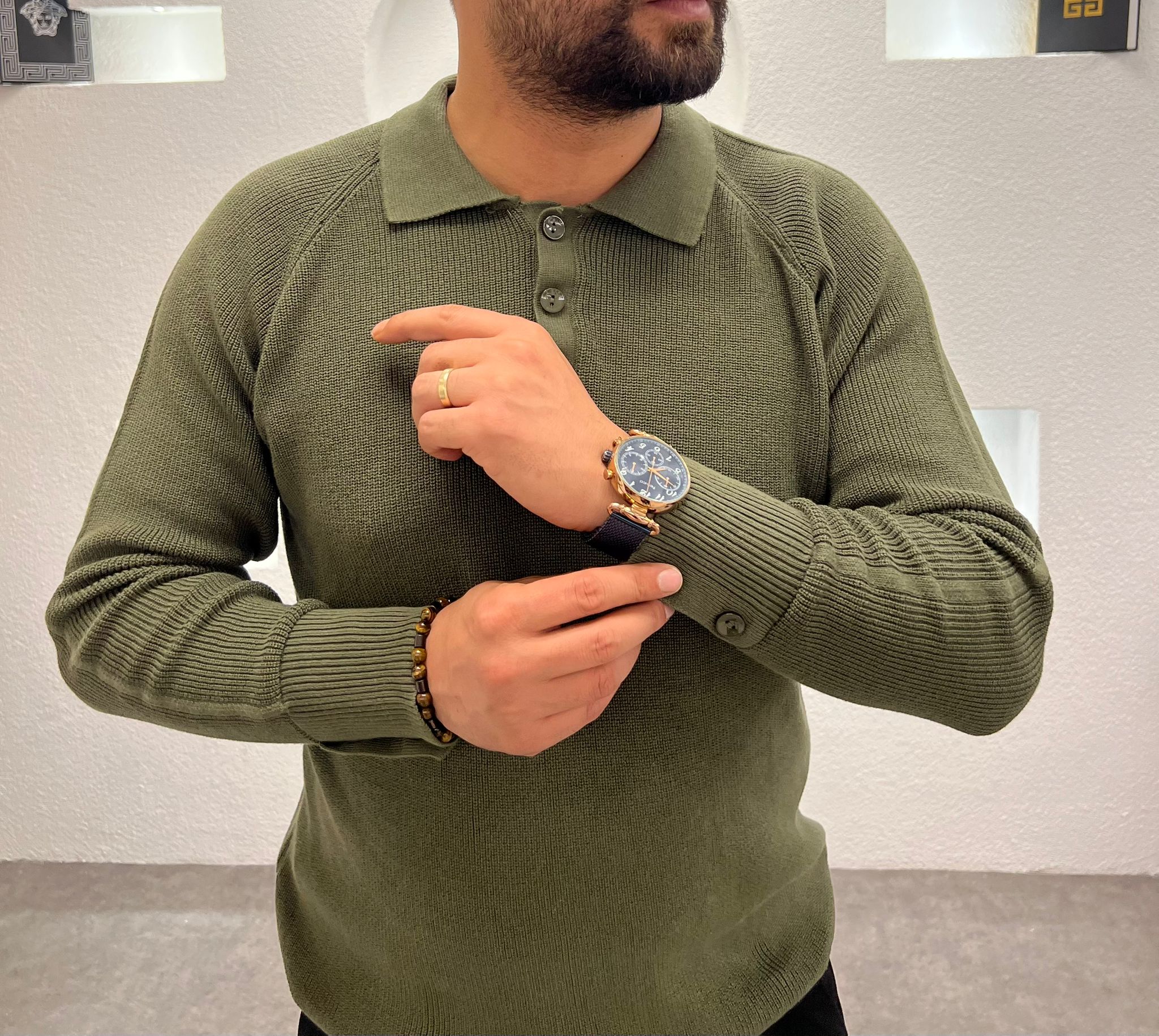 Erkek Regular Fit Düğme Detaylı Pola Yaka Triko Kazak - Yeşil