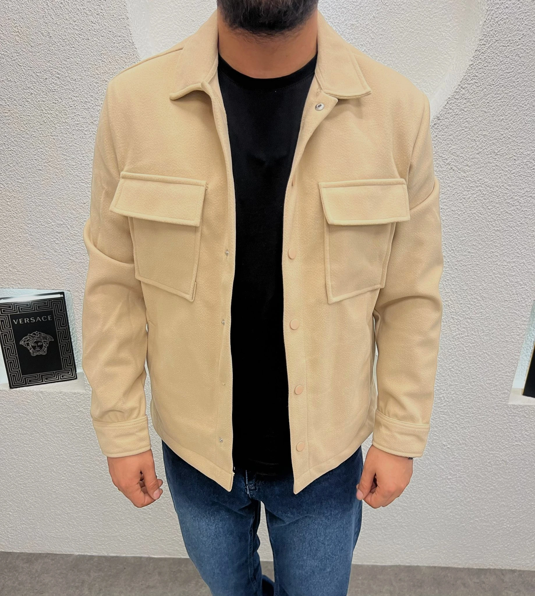 Erkek Kaşe Kumaş Cepli Shacket Ceket Krem