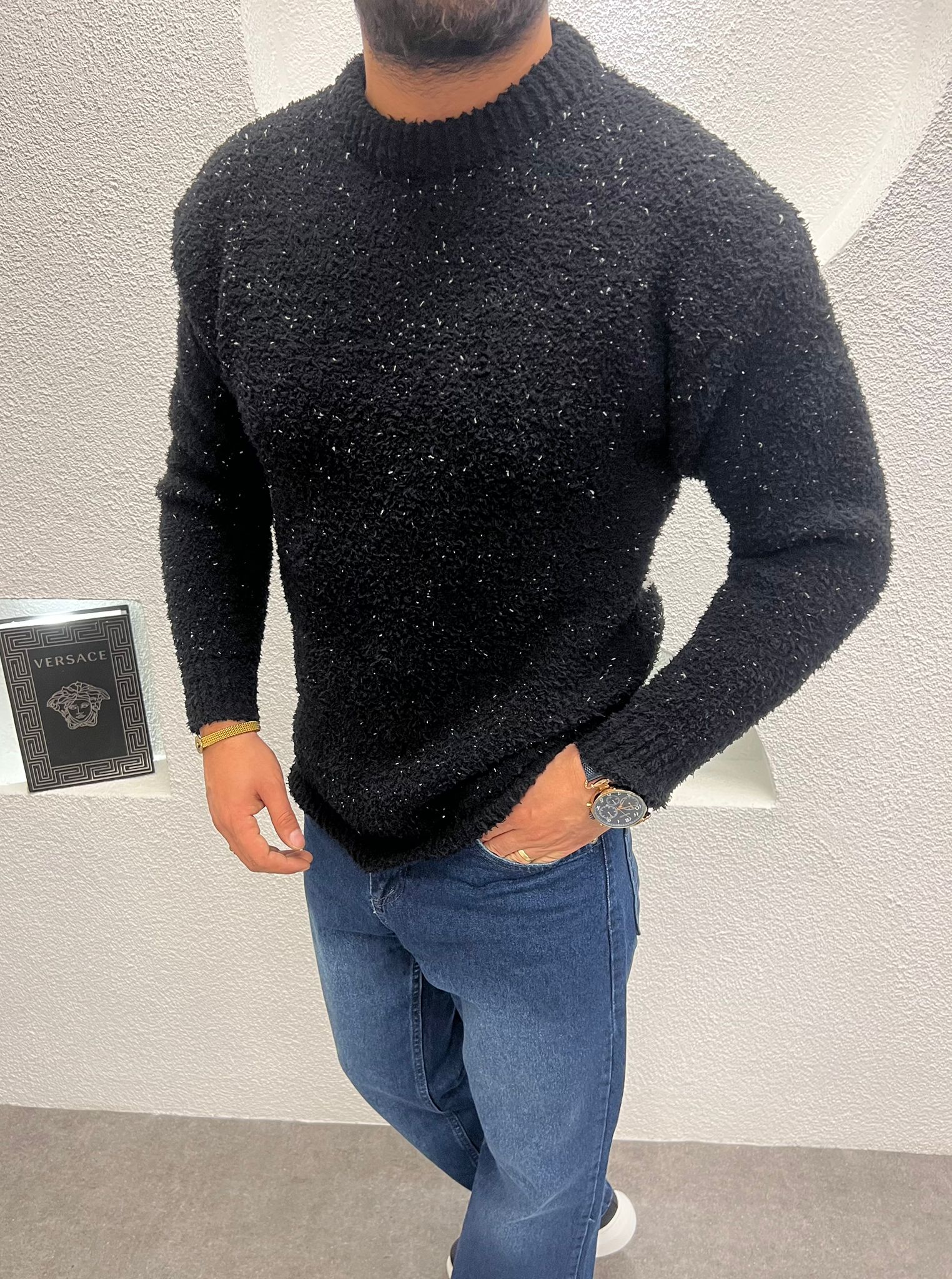 Erkek Kışlık Peluş Kazak Siyah