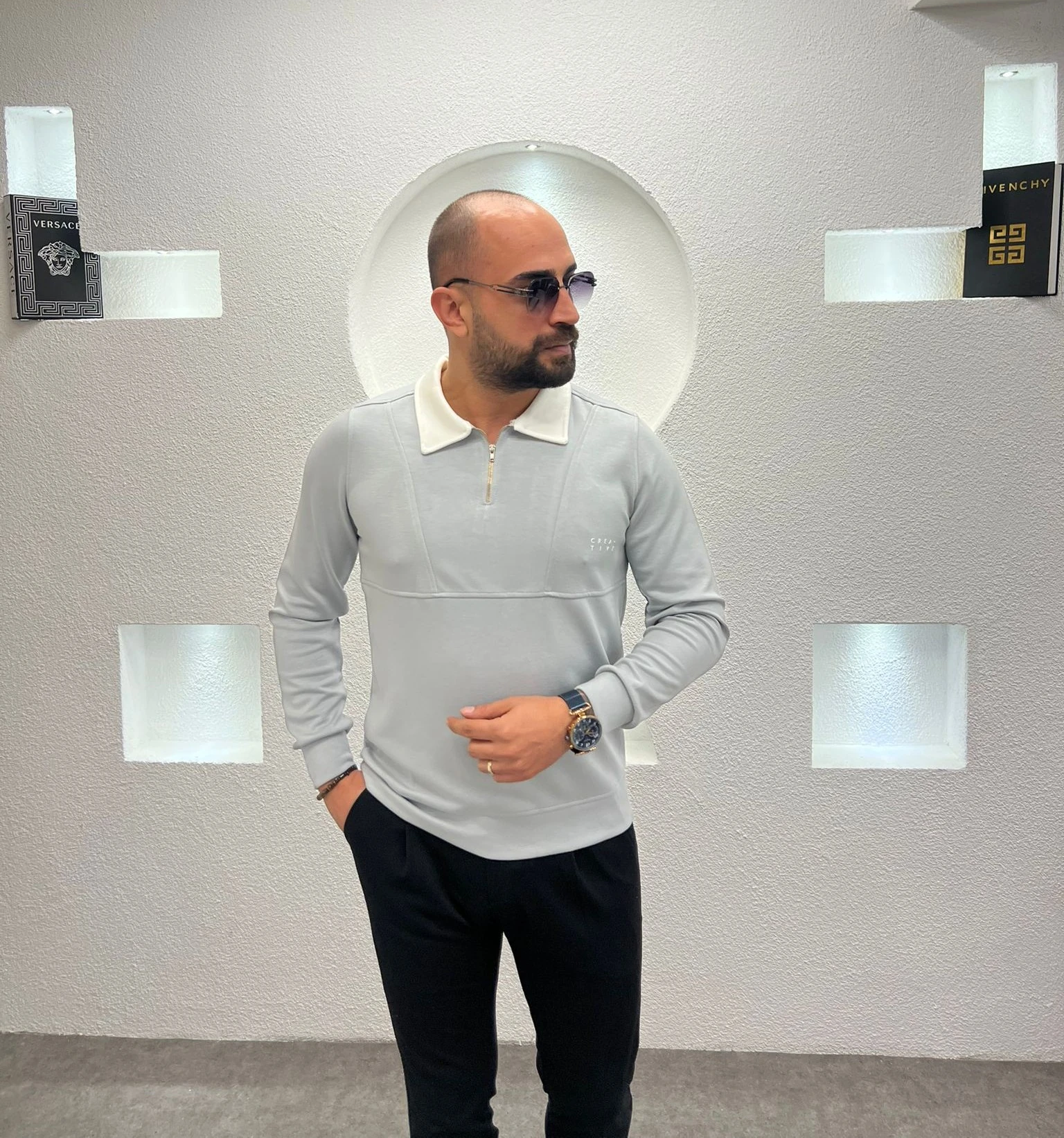 Polo Yaka Fermuarlı Pamuk Sweatshirt  - Gri