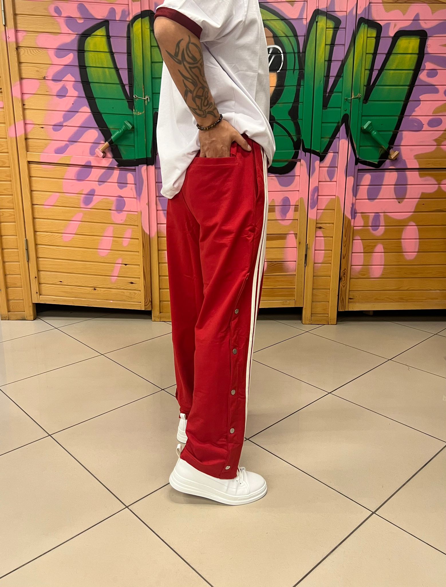 Şeritli Baggy Kalıp Kırmızı Eşofman Altı  