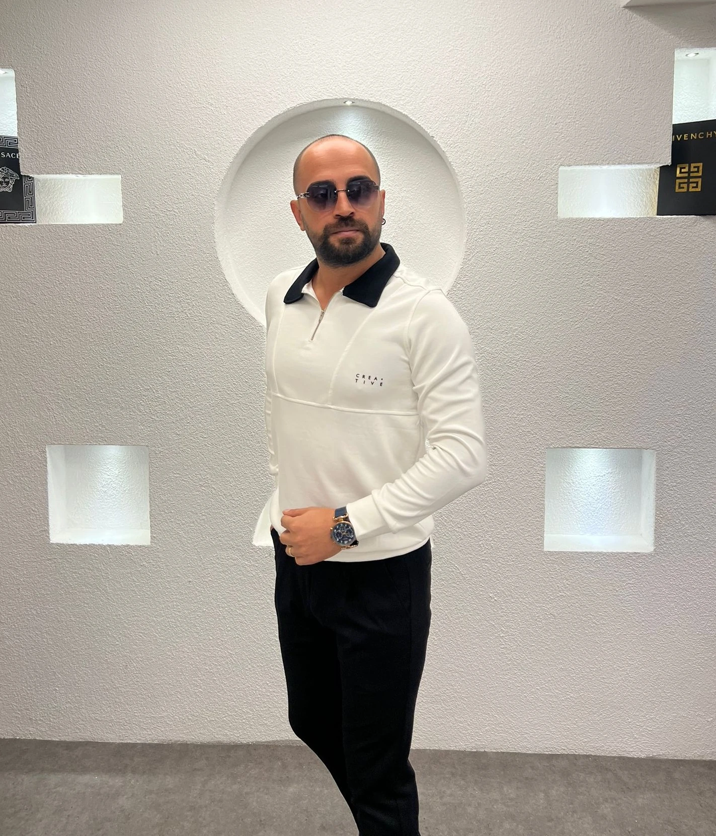 Polo Yaka Fermuarlı Pamuk Sweatshirt - Beyaz