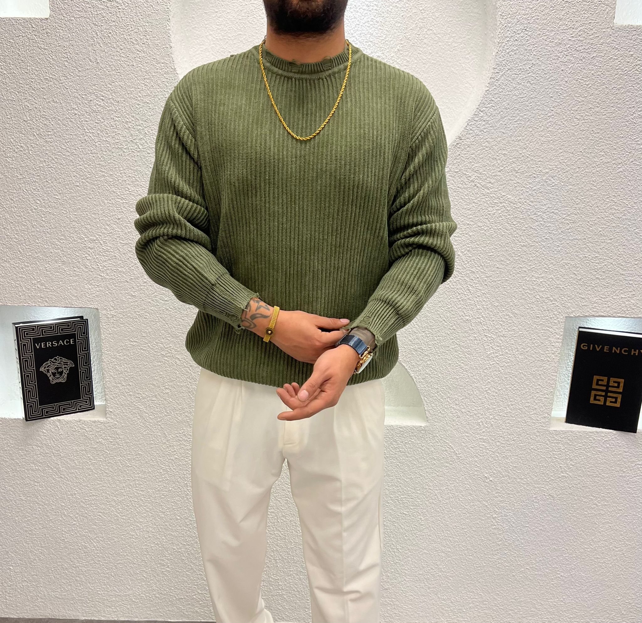 Yıkamalı Lazer Kesim Kalın Triko Kazak Haki