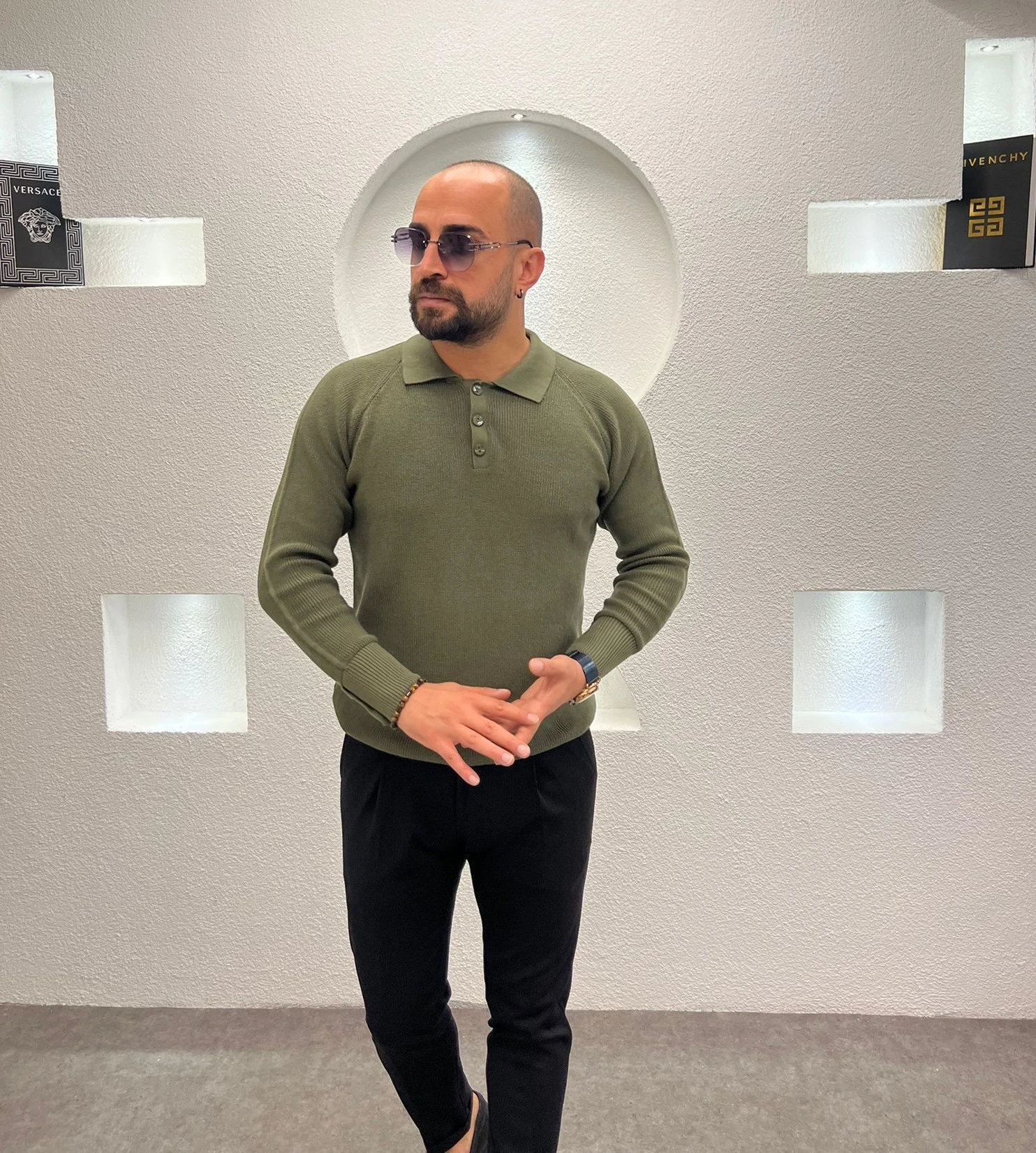 Erkek Regular Fit Düğme Detaylı Pola Yaka Triko Kazak - Yeşil