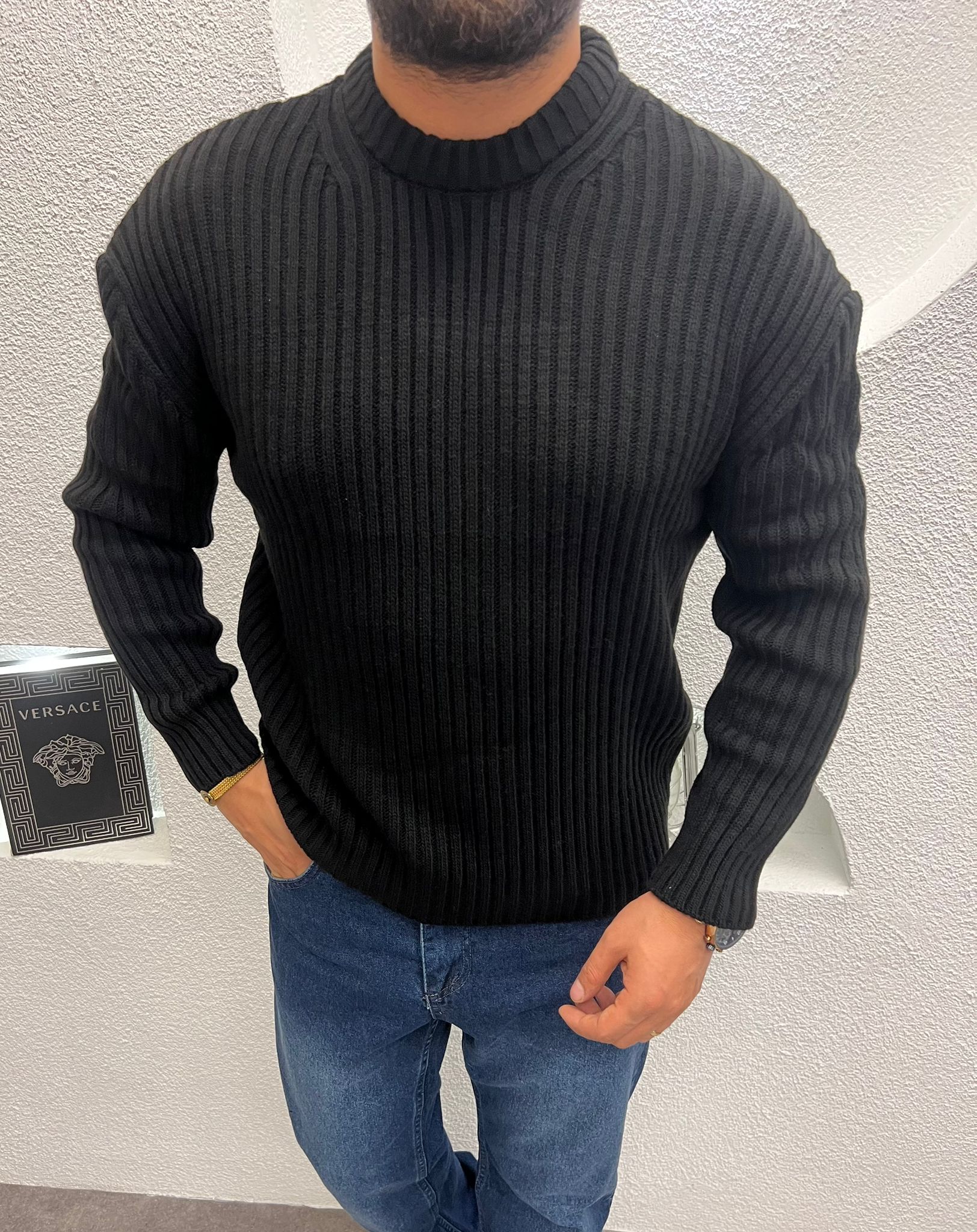 Bisiklet Yaka Kalın Triko Kazak Siyah