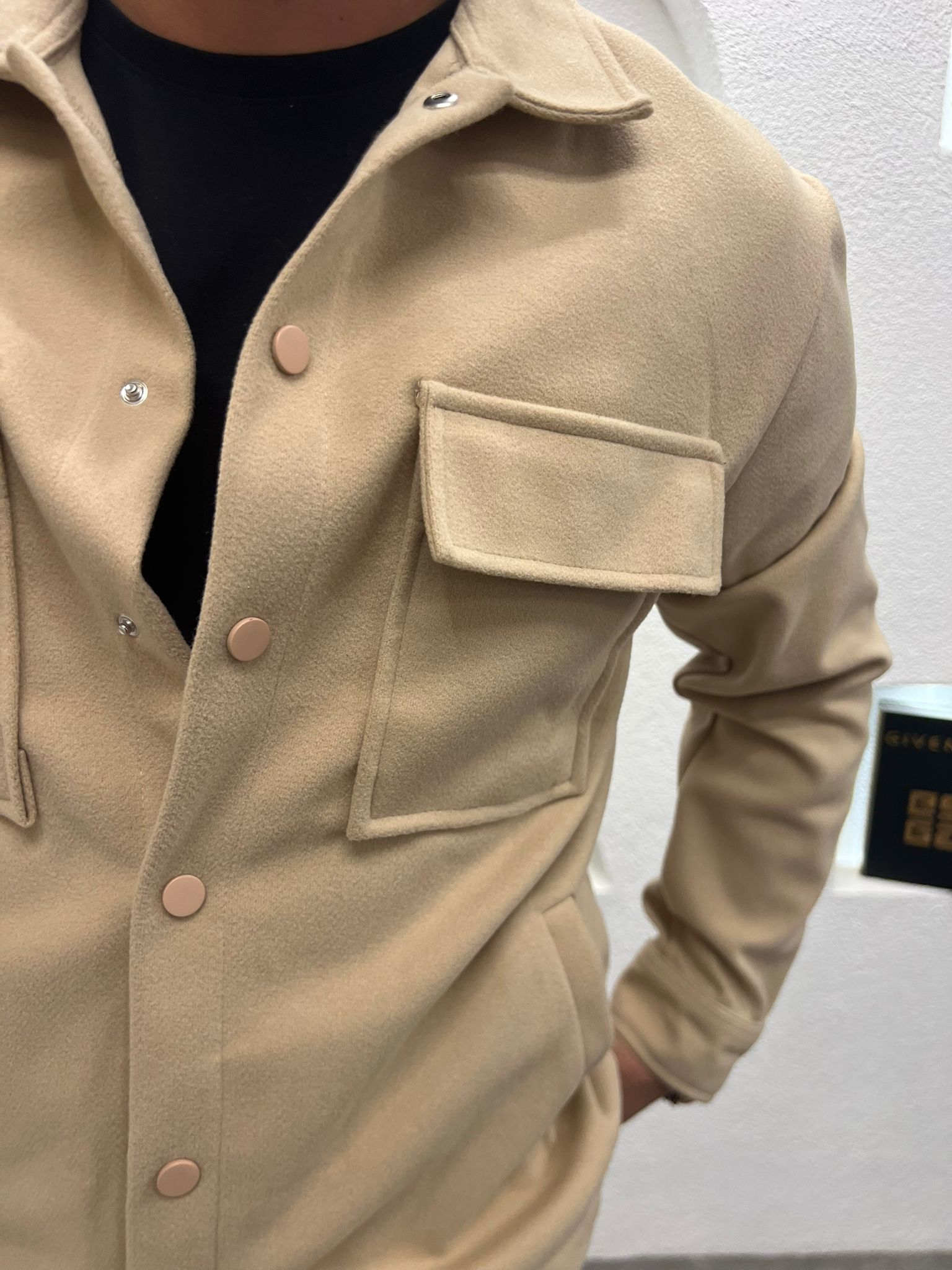 Erkek Kaşe Kumaş Cepli Shacket Ceket Krem