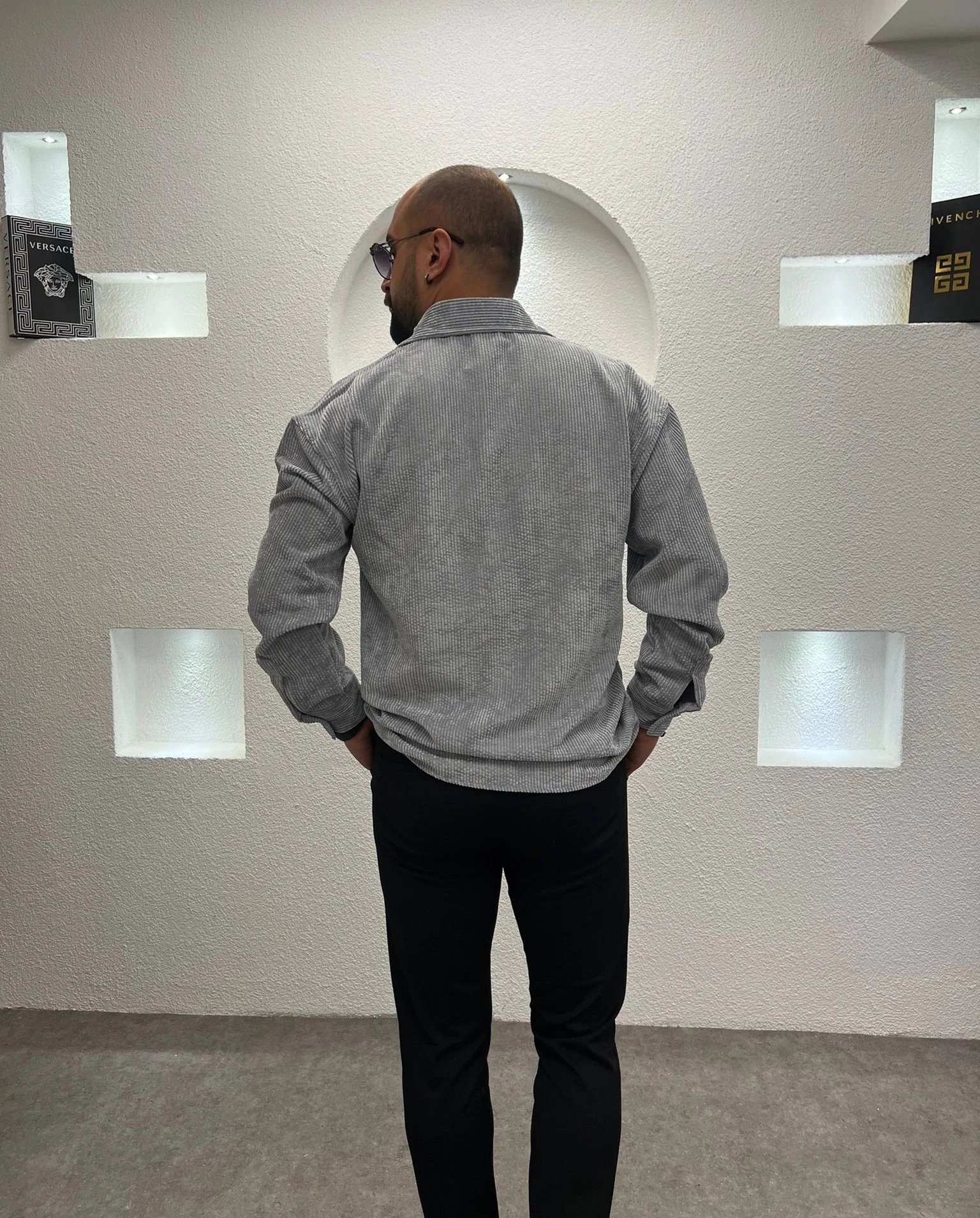 Erkek Oversize Gri Kadife Dokulu Uzun Kollu Gömlek