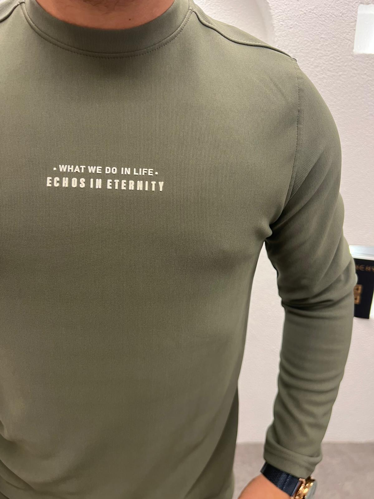 Baskılı Sıfır Yaka Slimfit Sweat Haki 