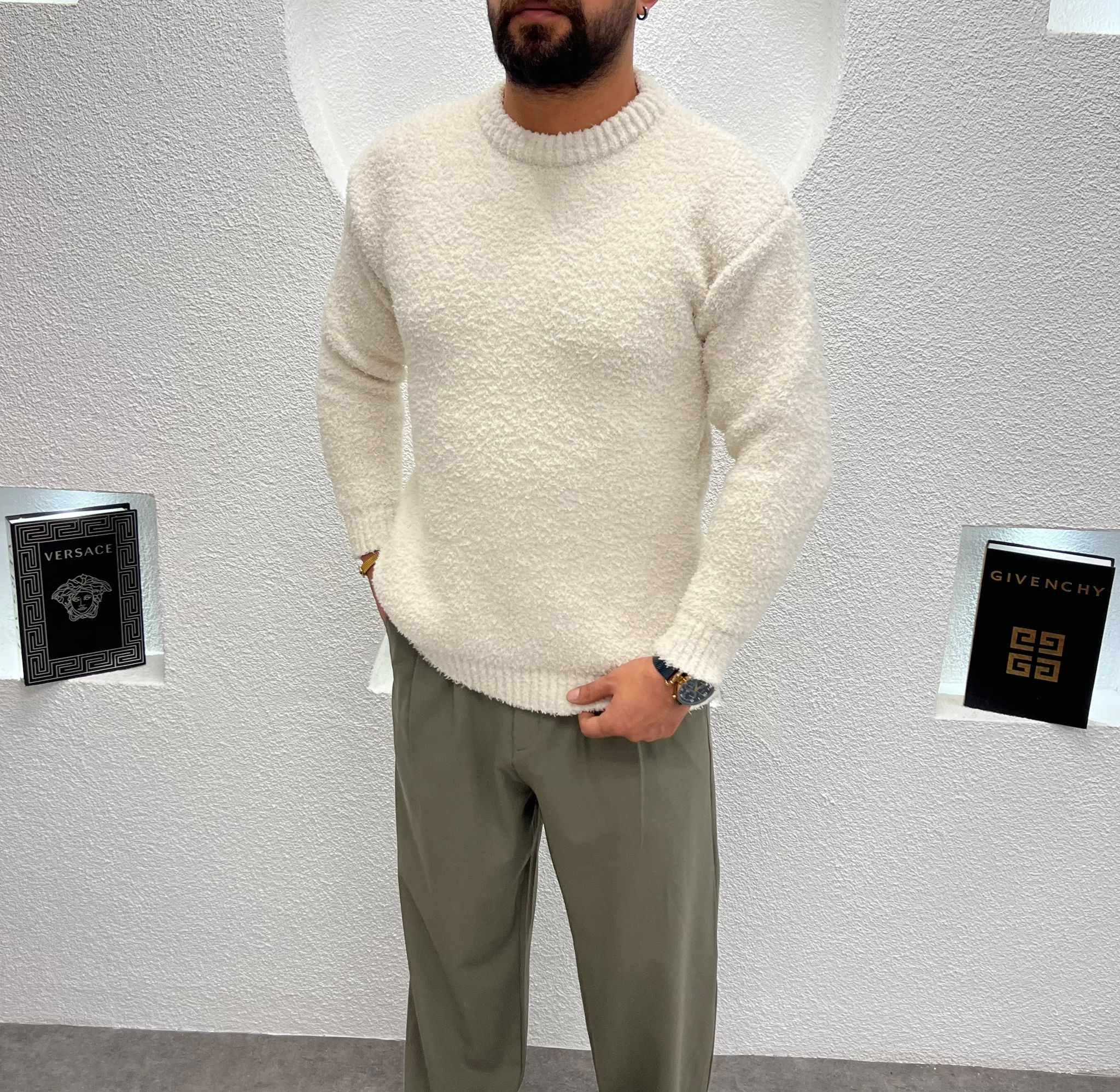 Erkek Kışlık Peluş Kazak Krem