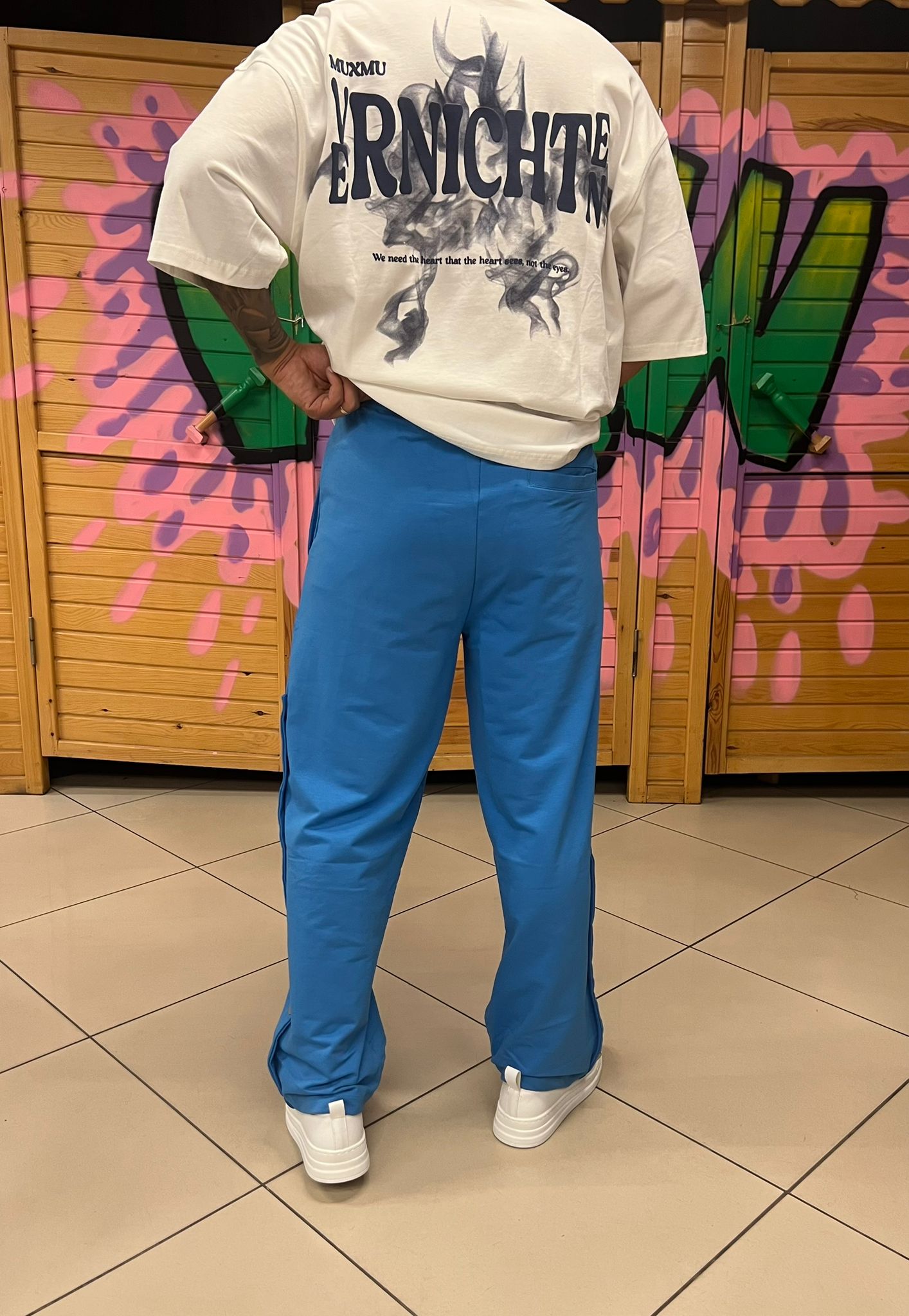 Şeritli Baggy Kalıp Mavi Eşofman Altı