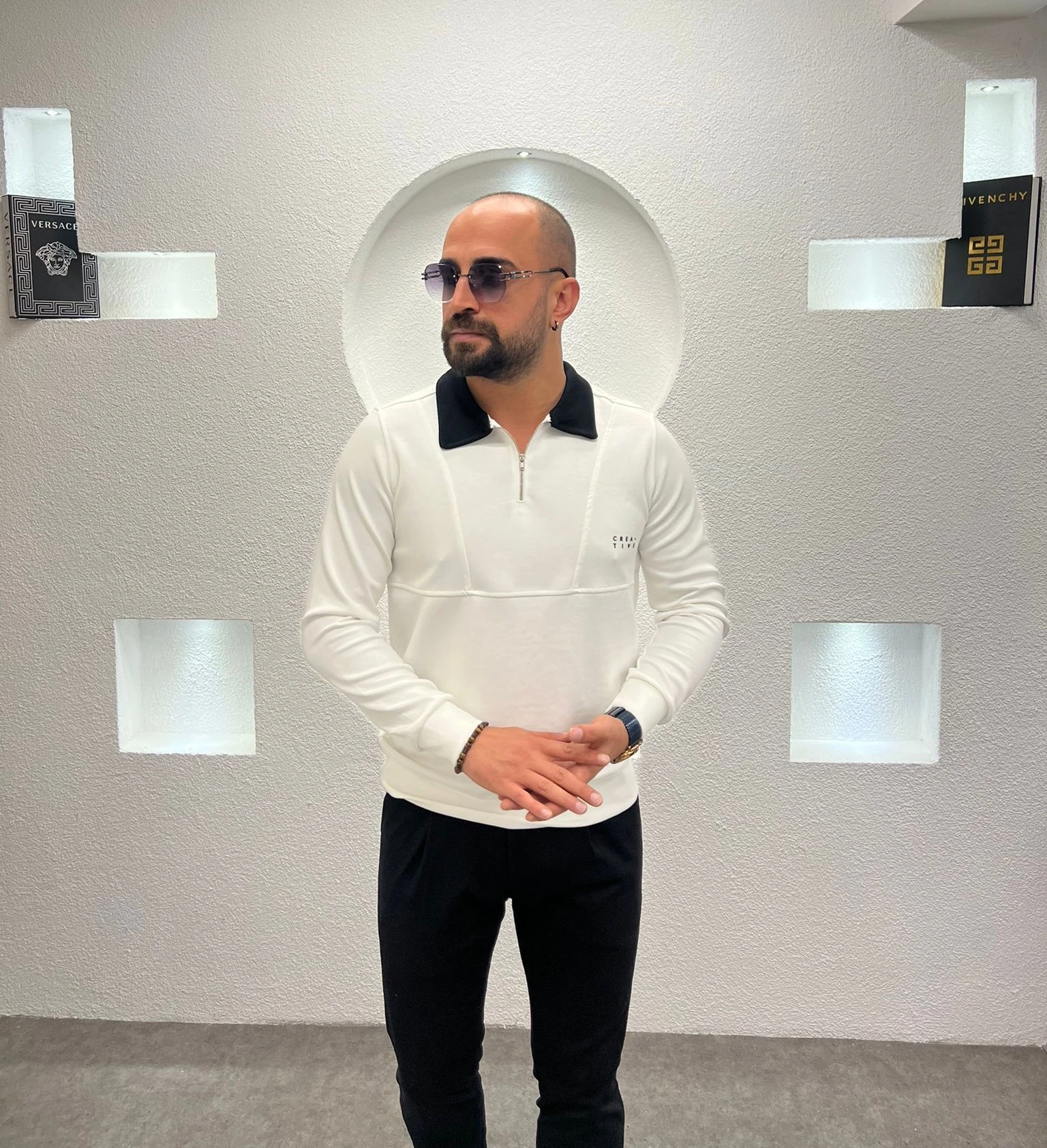 Polo Yaka Fermuarlı Pamuk Sweatshirt - Beyaz