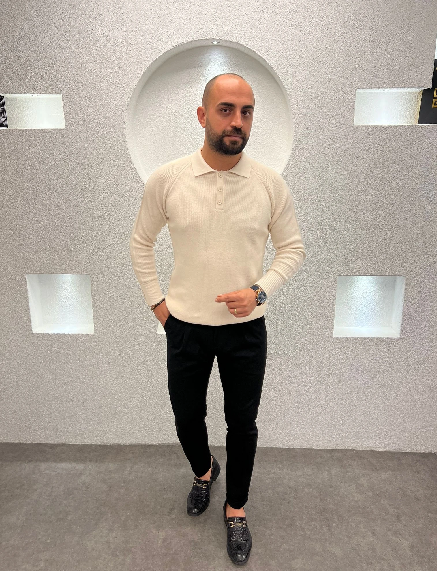 Erkek Regular Fit Düğme Detaylı Pola Yaka Triko Kazak - Krem