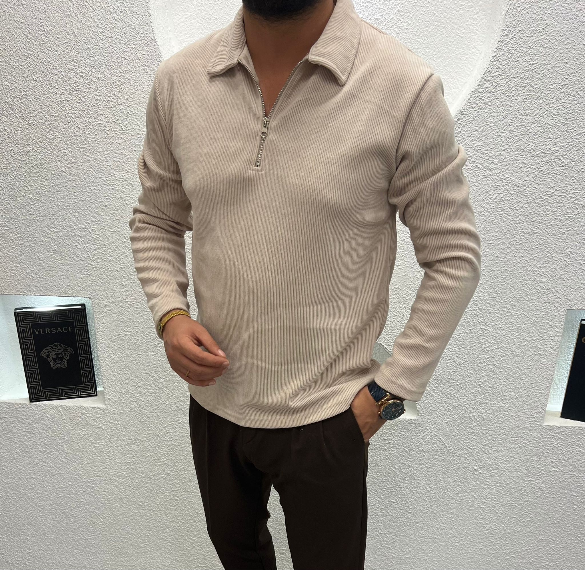 Yarım Fermuar İnce Fİtilli Kadife Kazak Krem