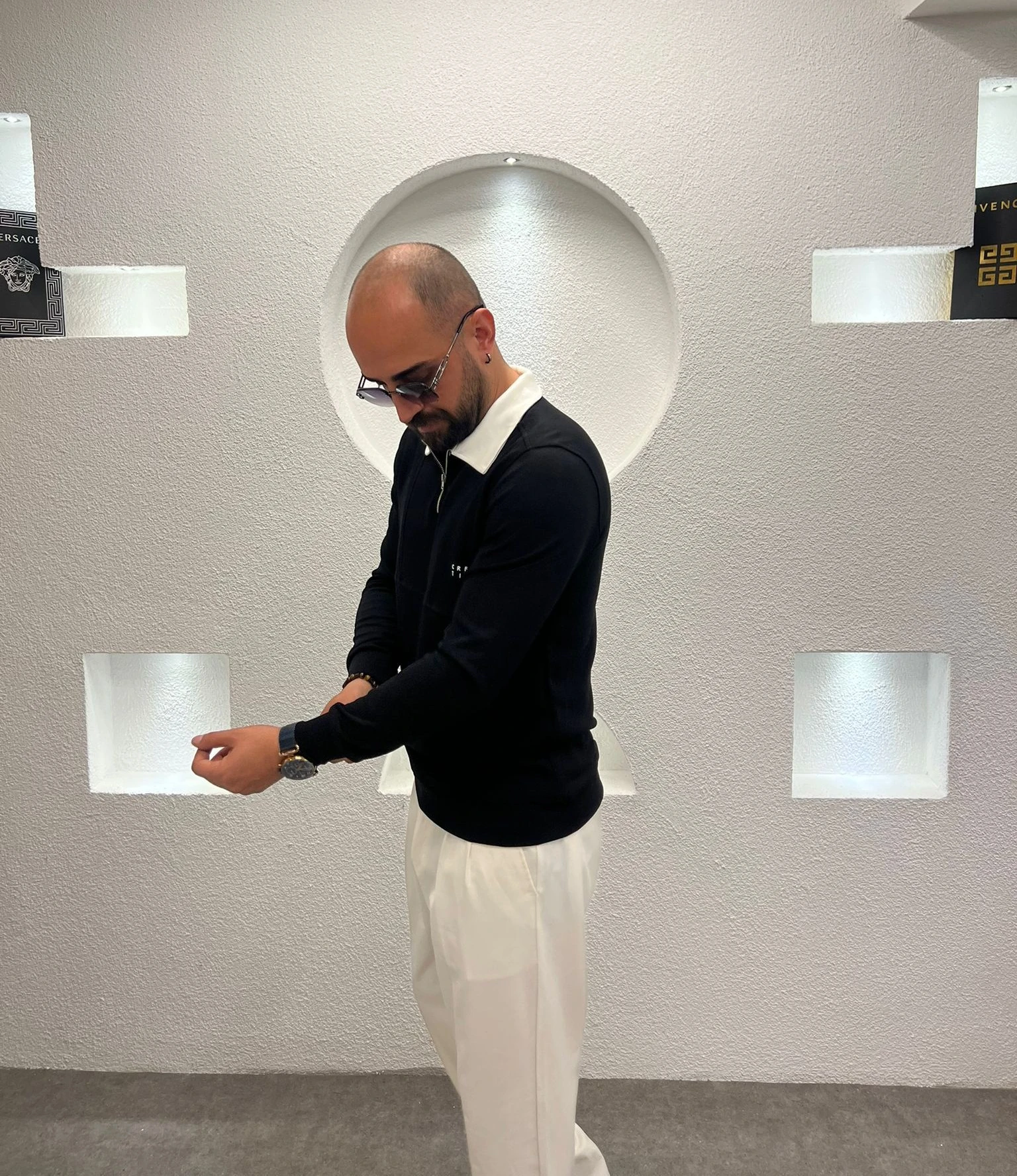 Polo Yaka Fermuarlı Pamuk Sweatshirt - Siyah