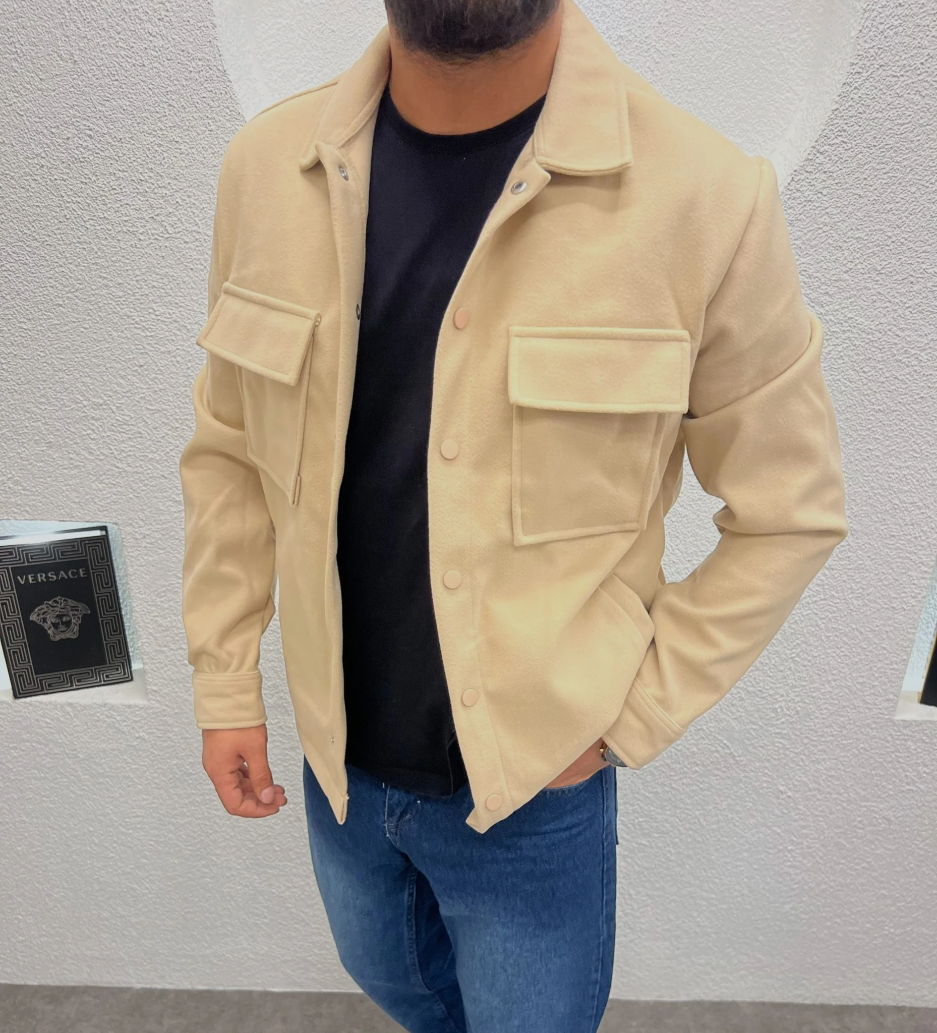 Erkek Kaşe Kumaş Cepli Shacket Ceket Krem