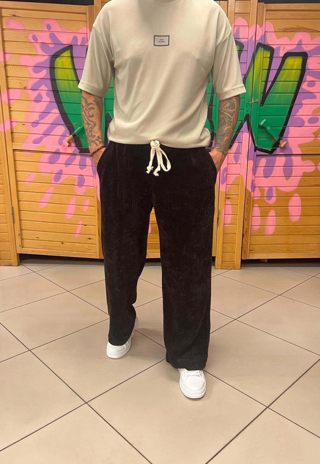 Kadife Kumaş Siyah Pantolon Baggy Kalıp 