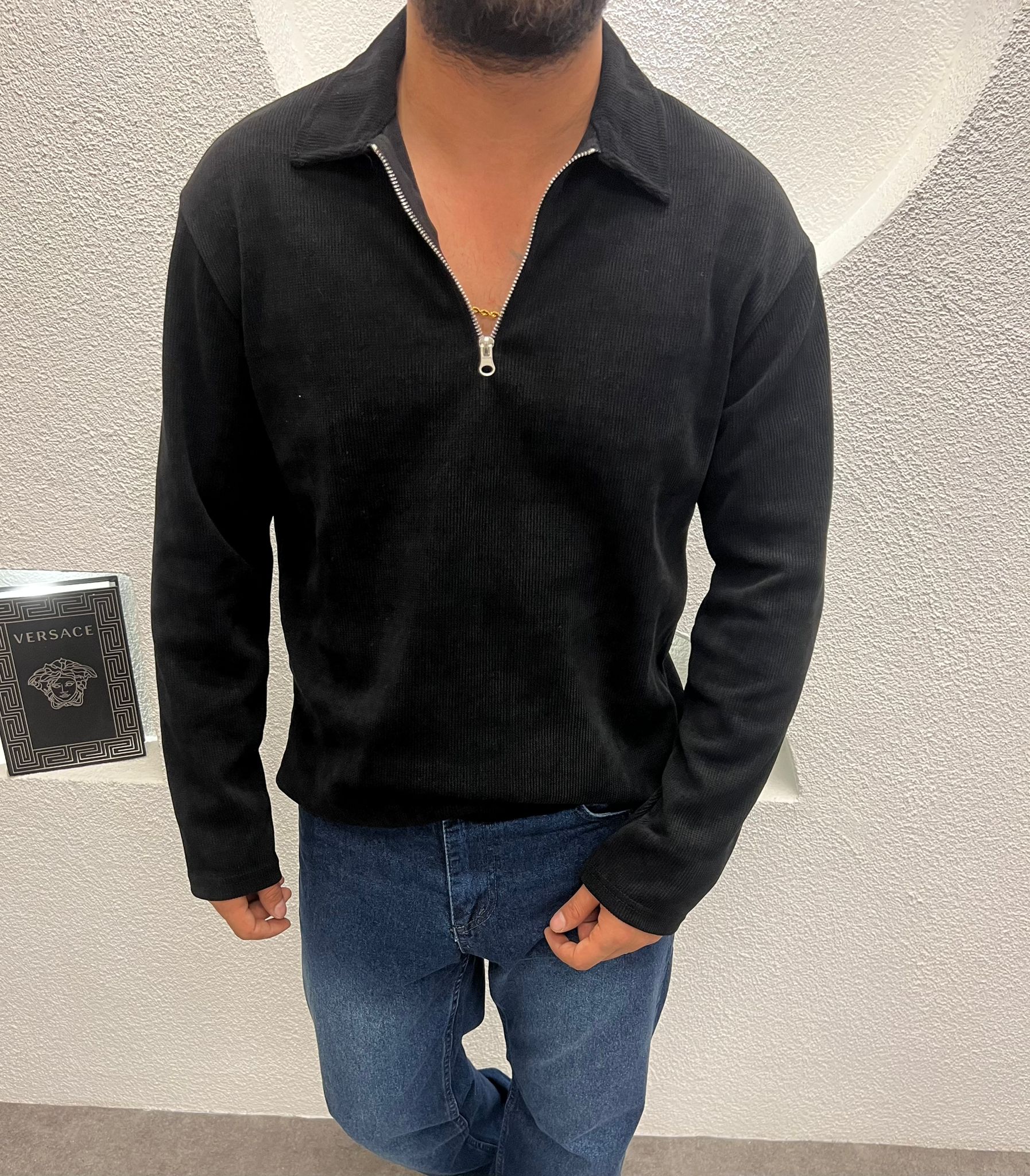 Yarım Fermuar İnce Fİtilli Kadife Kazak Siyah