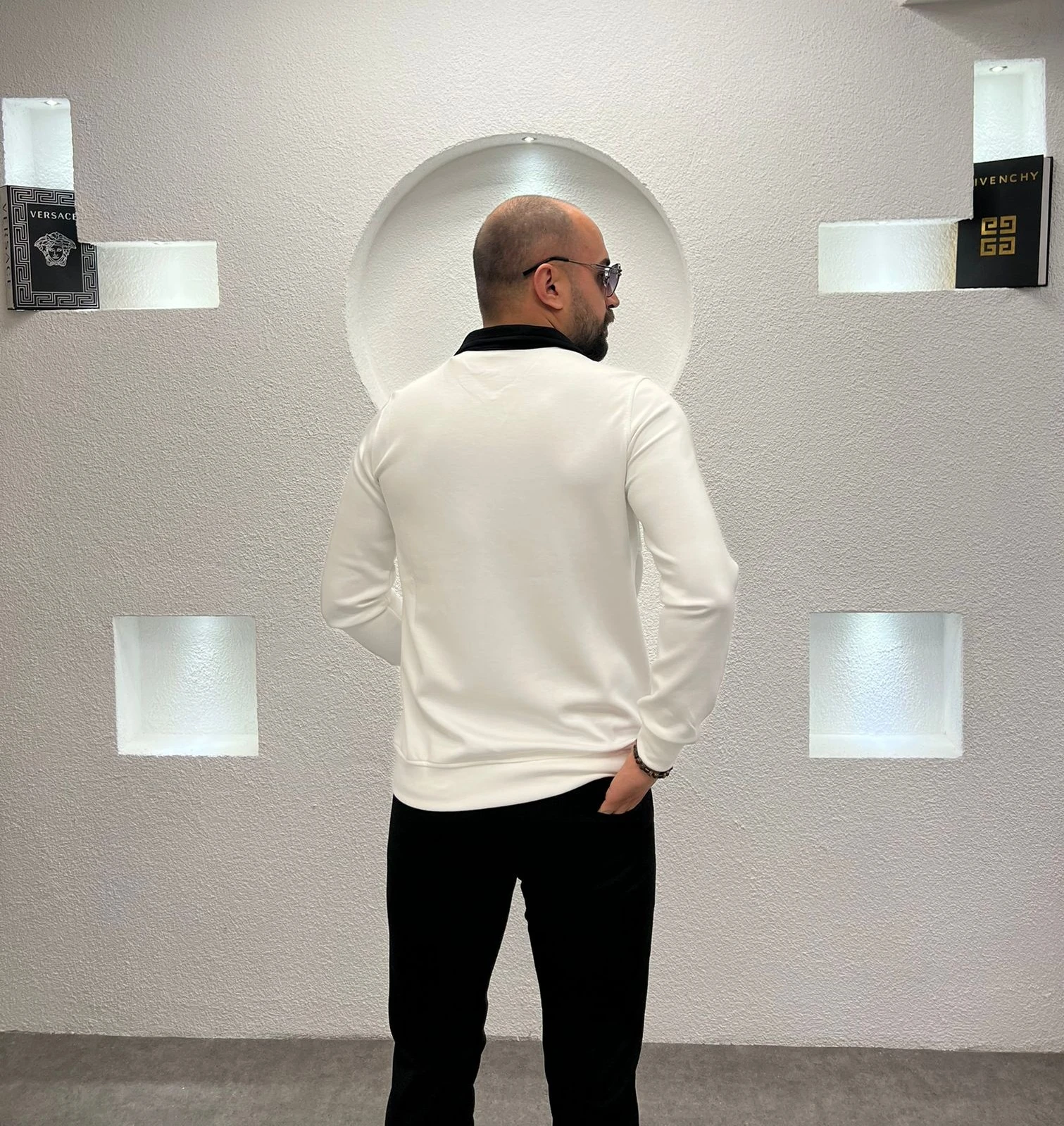 Polo Yaka Fermuarlı Pamuk Sweatshirt - Beyaz