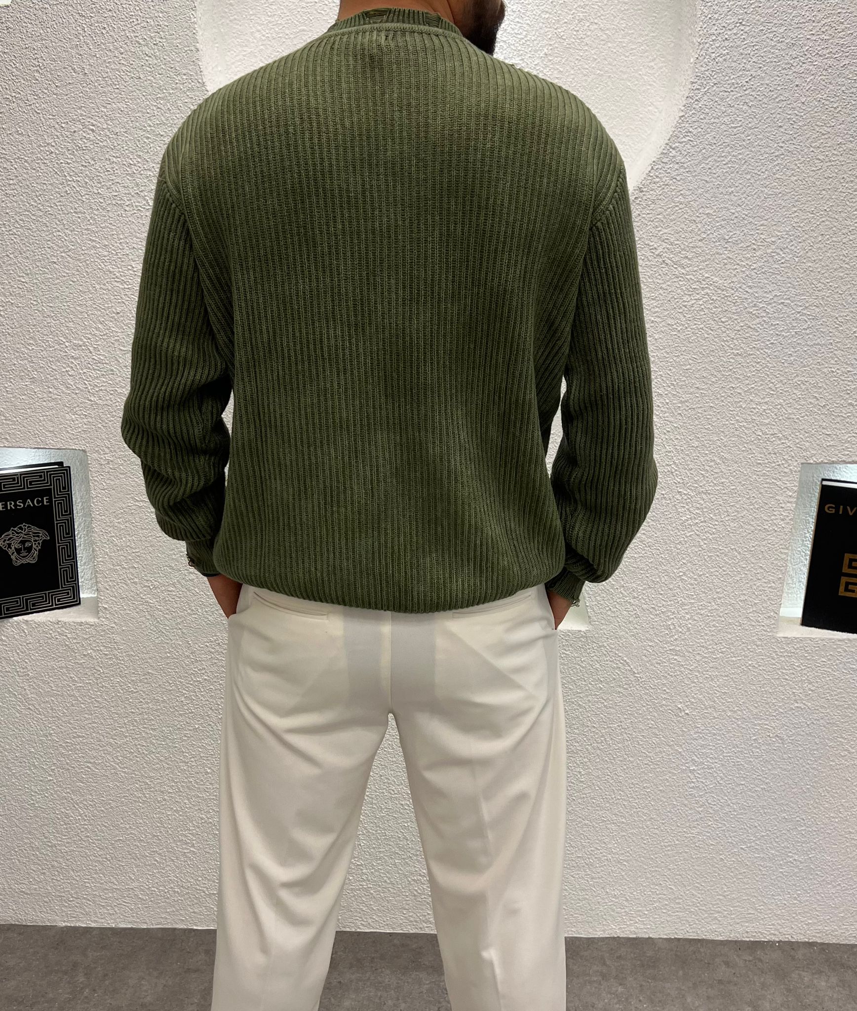 Yıkamalı Lazer Kesim Kalın Triko Kazak Haki