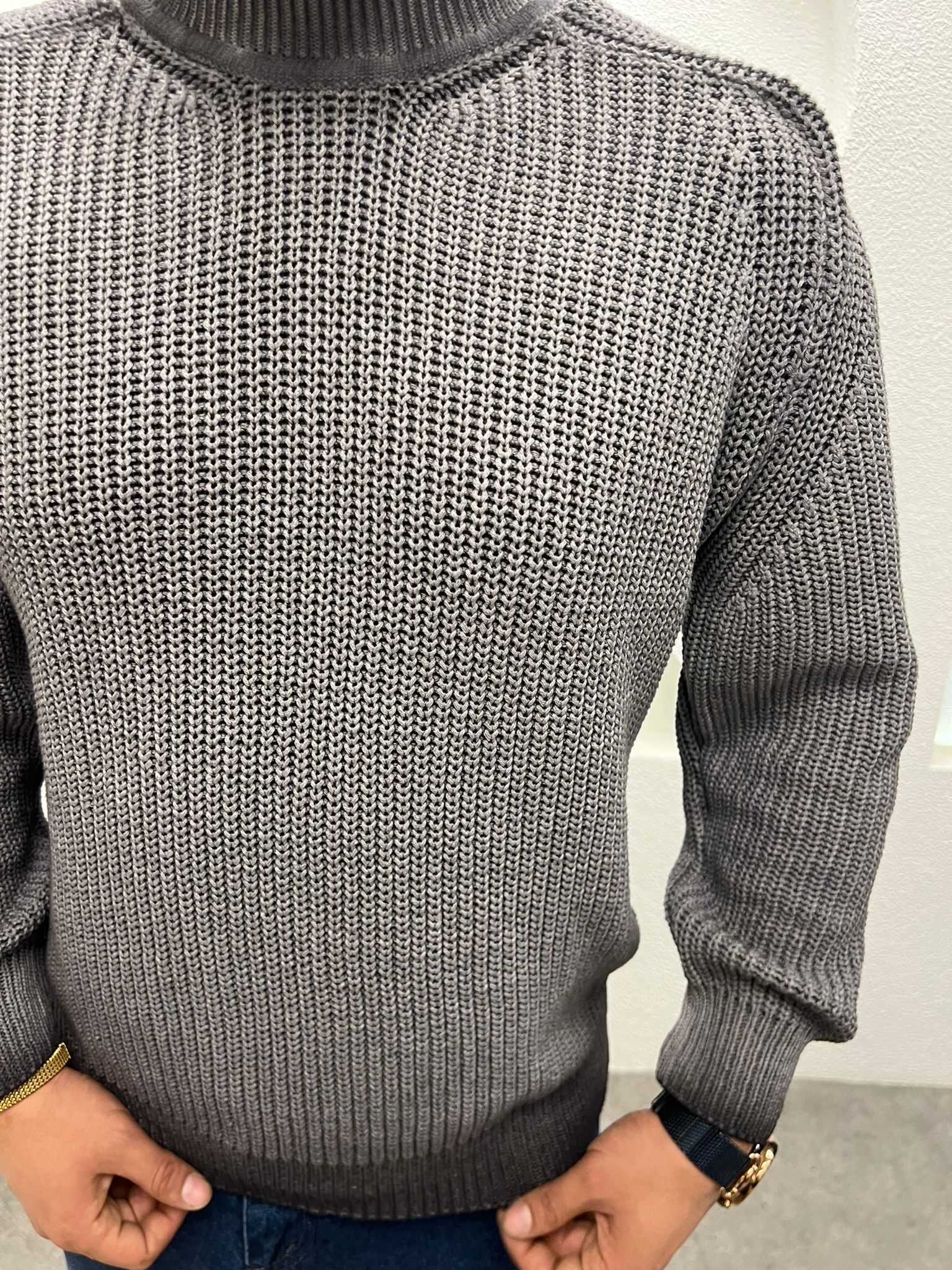 Yıkamalı Efekt Sıfır Yaka Kalın Örme Triko Kazak