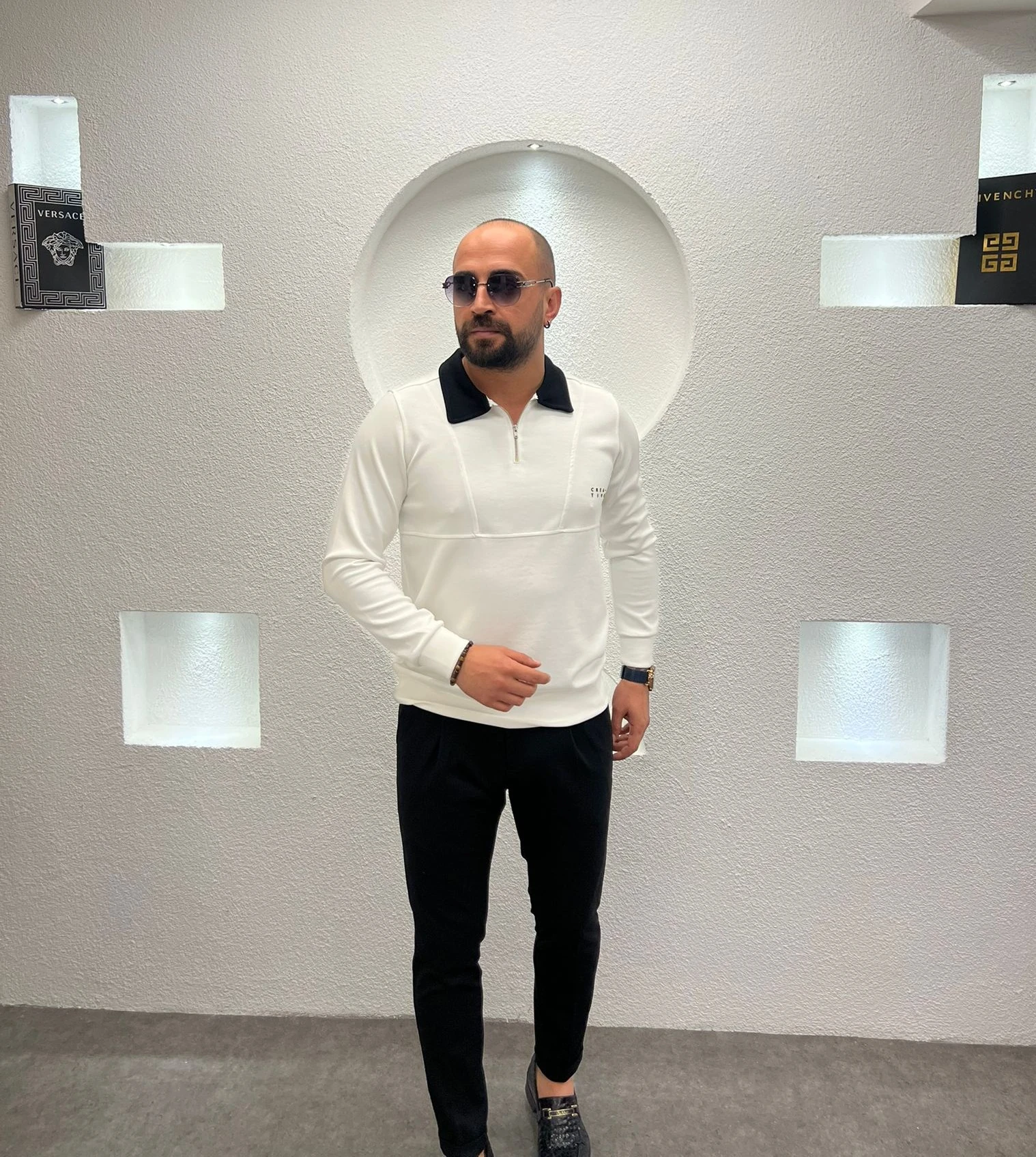 Polo Yaka Fermuarlı Pamuk Sweatshirt - Beyaz