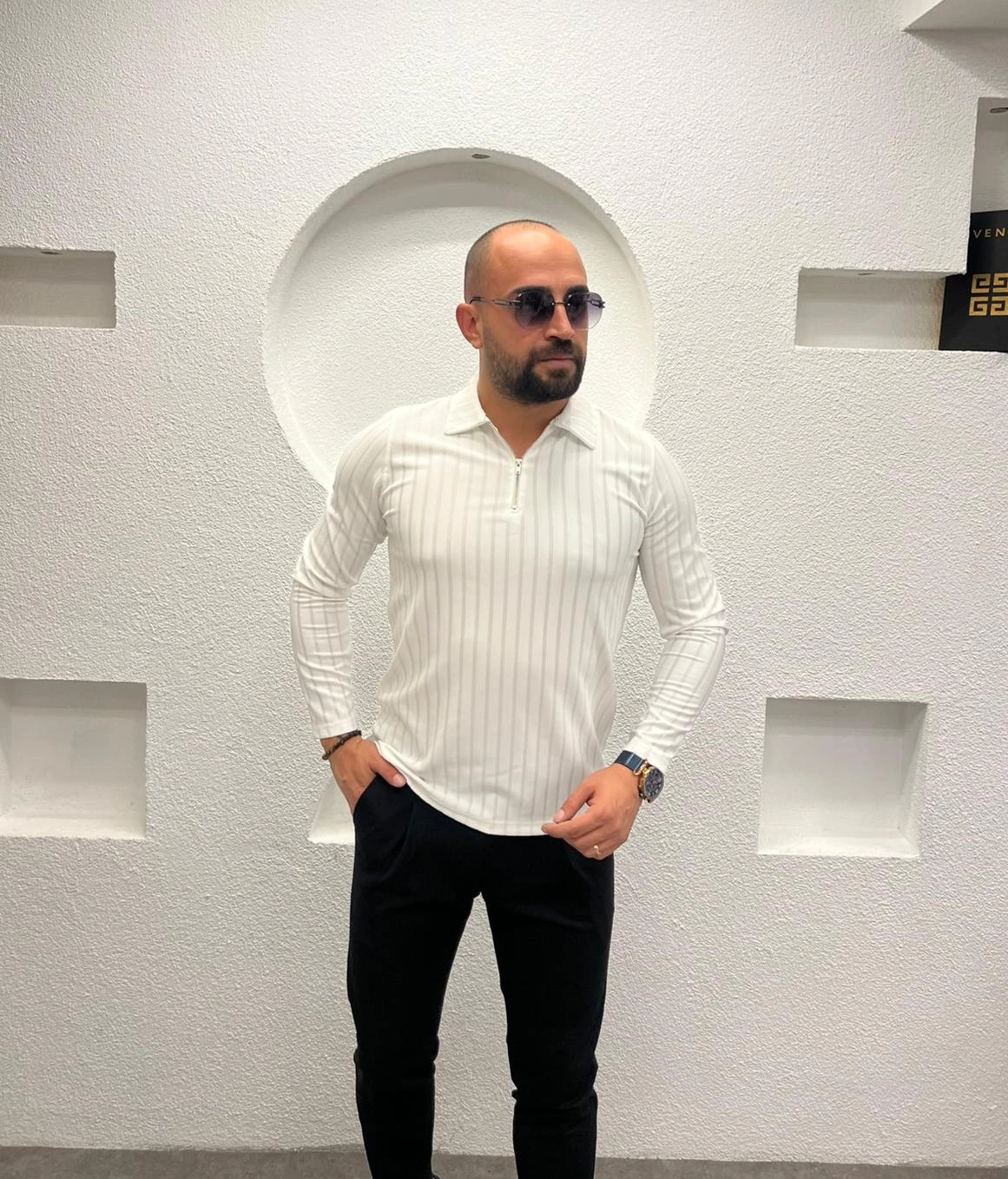 Polo Yaka Fermuarlı Erkek Sweatshirt - Beyaz