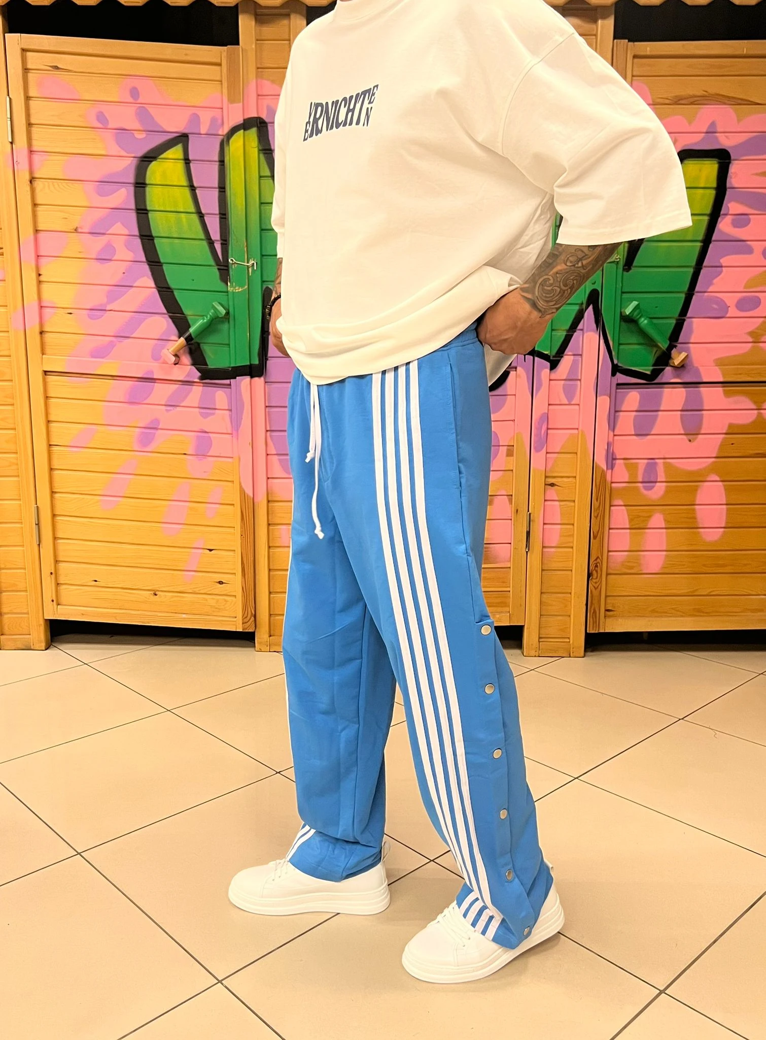 Şeritli Baggy Kalıp Mavi Eşofman Altı