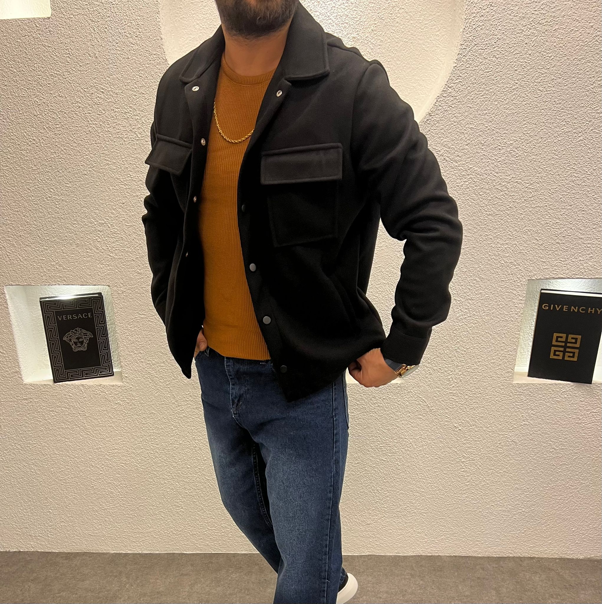 Erkek Kaşe Kumaş Cepli Shacket Ceket Siyah