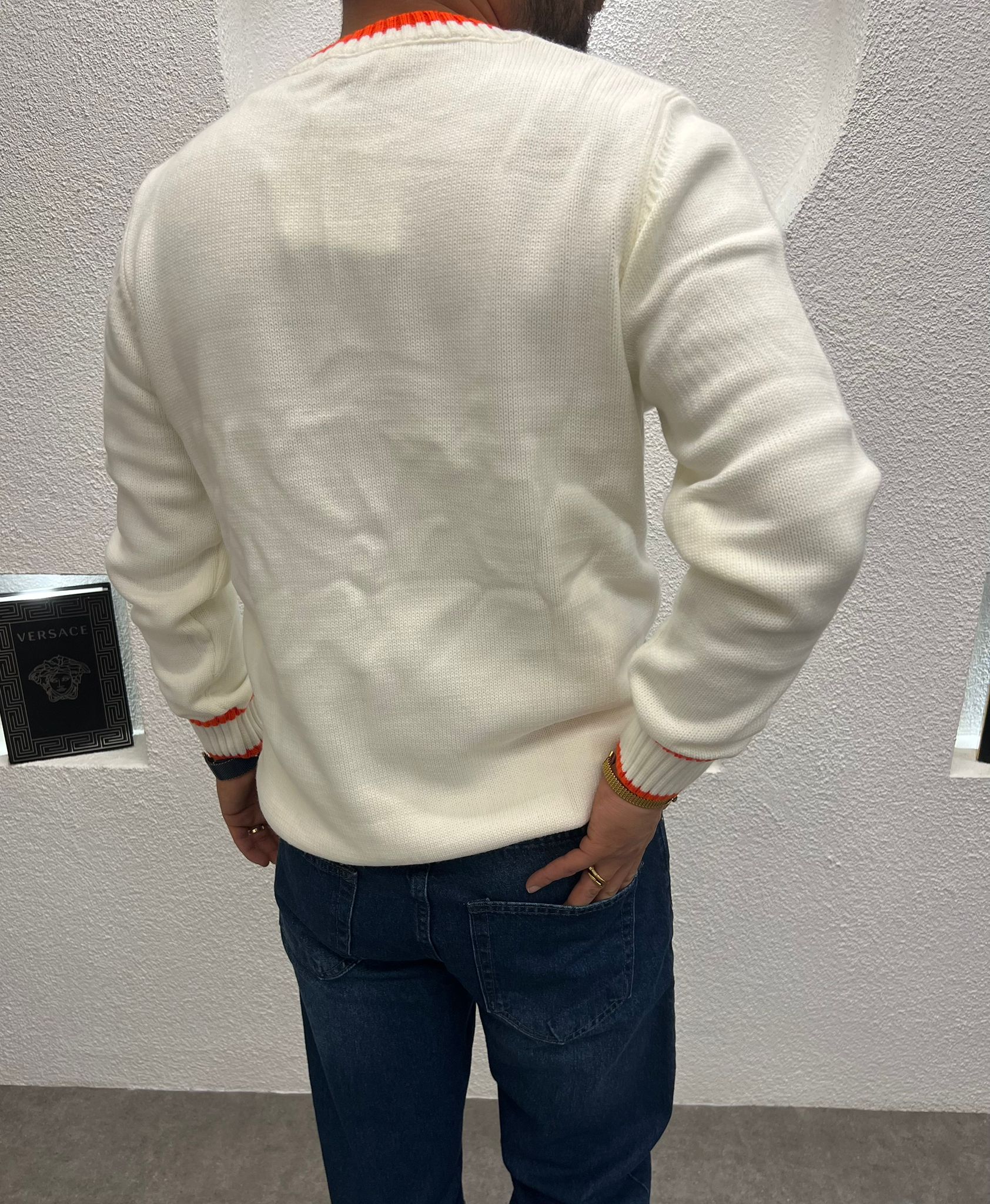 Ön Logo Baskılı Ribanalı Kalın Triko Kazak Beyaz