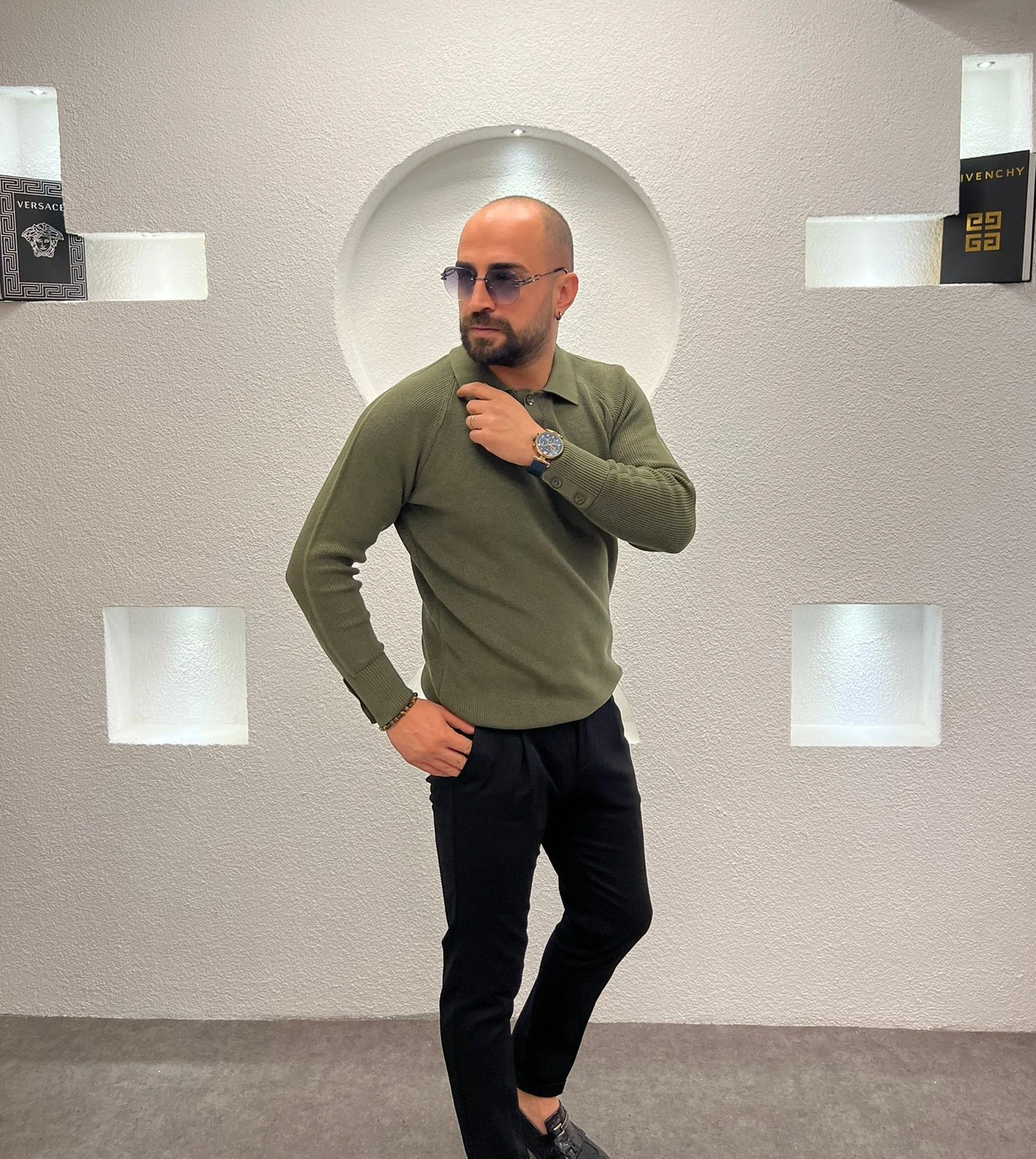 Erkek Regular Fit Düğme Detaylı Pola Yaka Triko Kazak - Yeşil