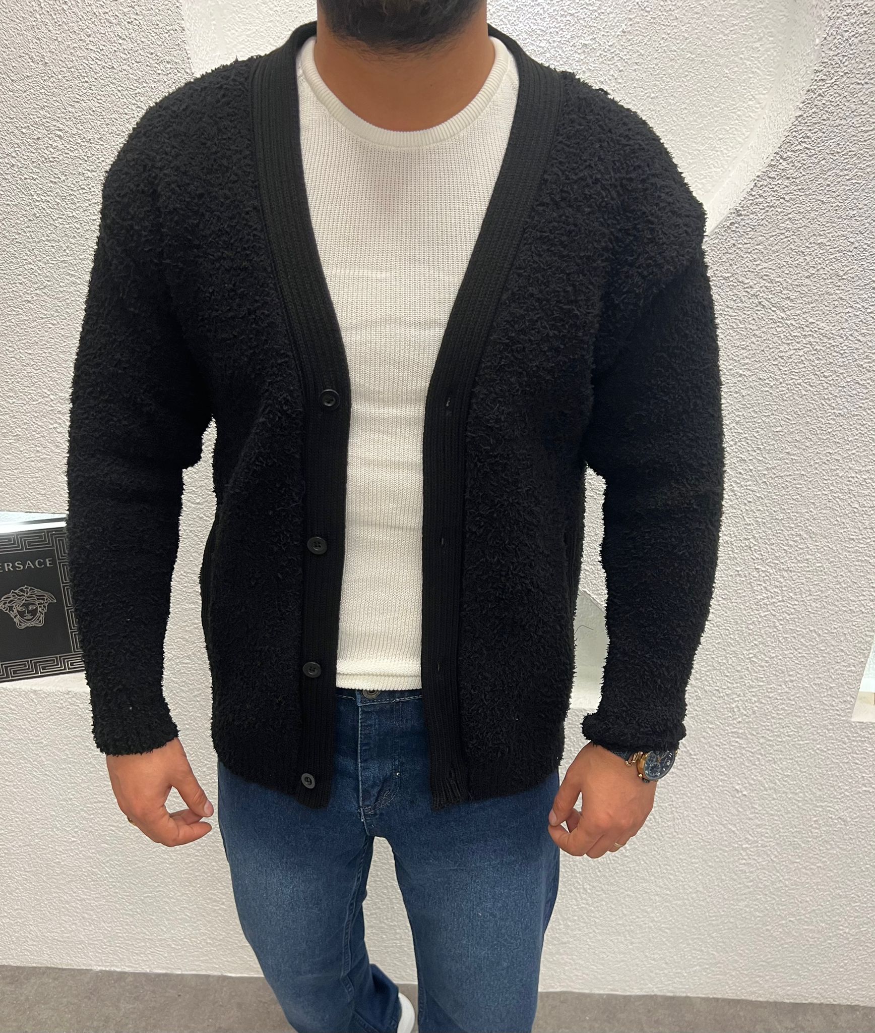 Peluş Kumaş Ön Kapamalı Kalın Erkek Hırka Siyah