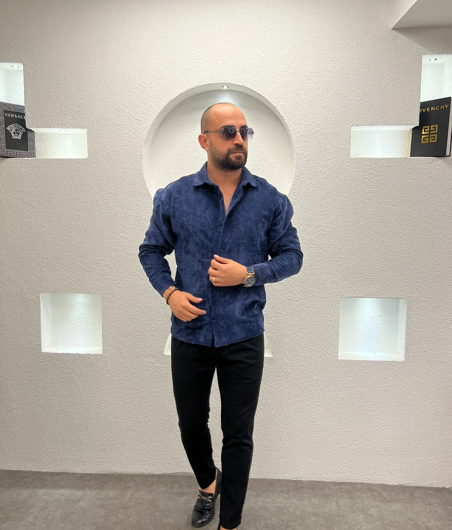 Erkek Oversize Lacivert Kadife Dokulu Uzun Kollu Gömlek 