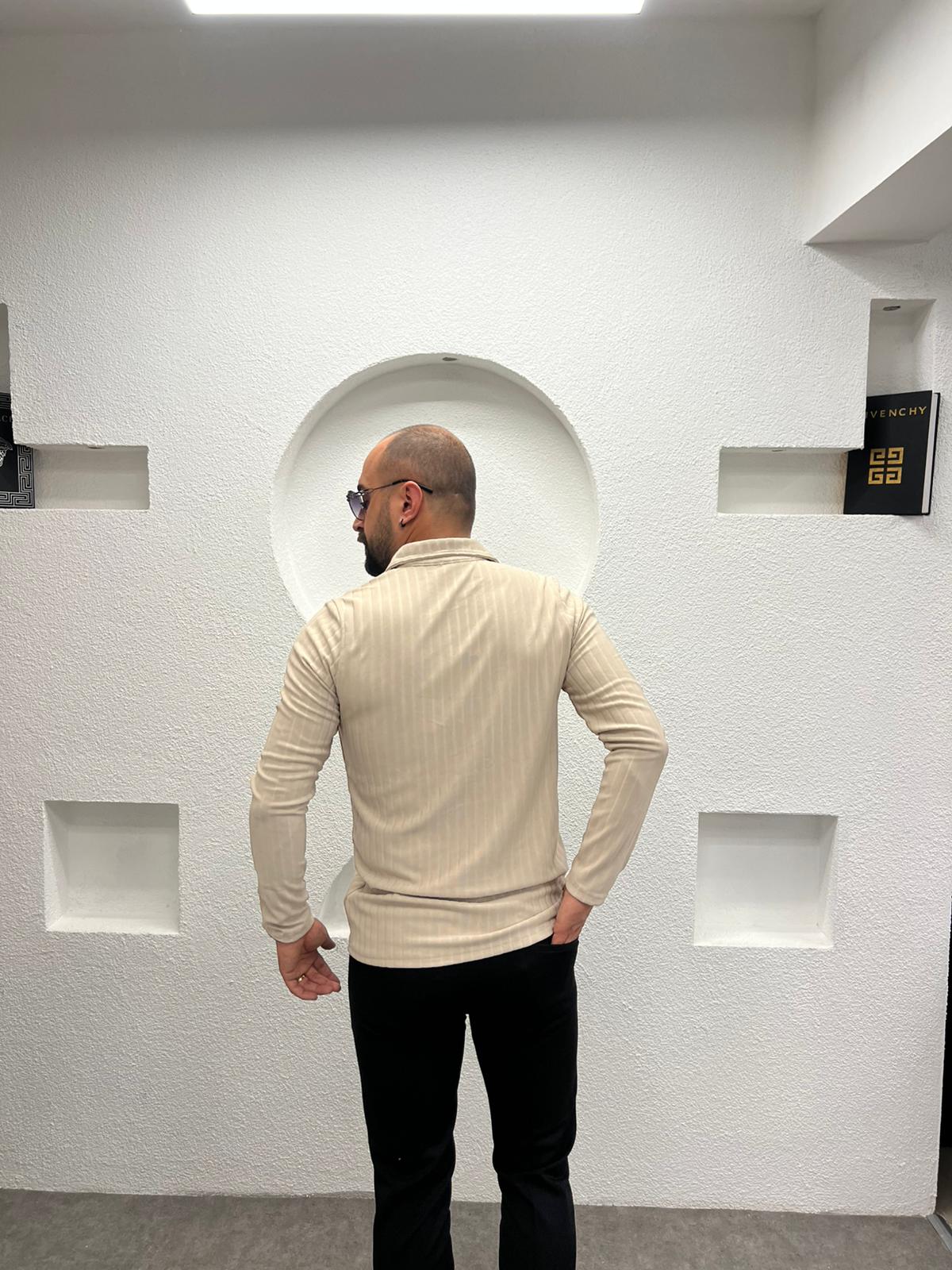 Polo Yaka Fermuarlı Erkek Sweatshirt - Krem