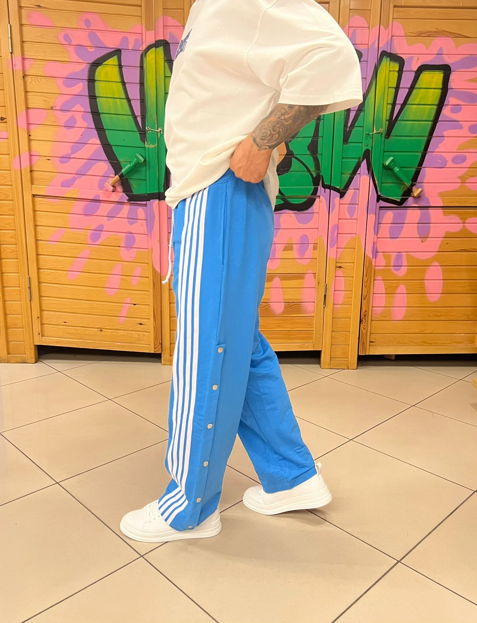 Şeritli Baggy Kalıp Mavi Eşofman Altı