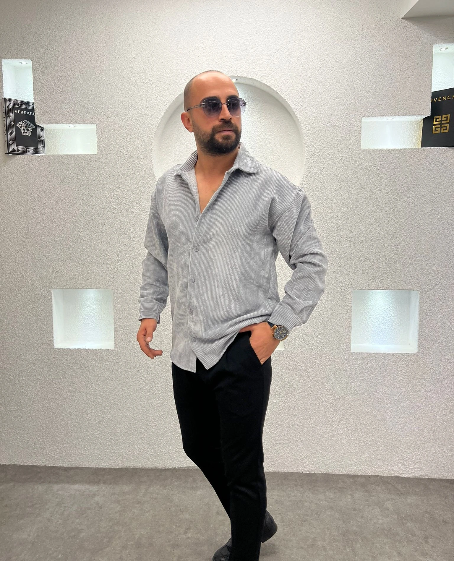 Erkek Oversize Gri Kadife Dokulu Uzun Kollu Gömlek