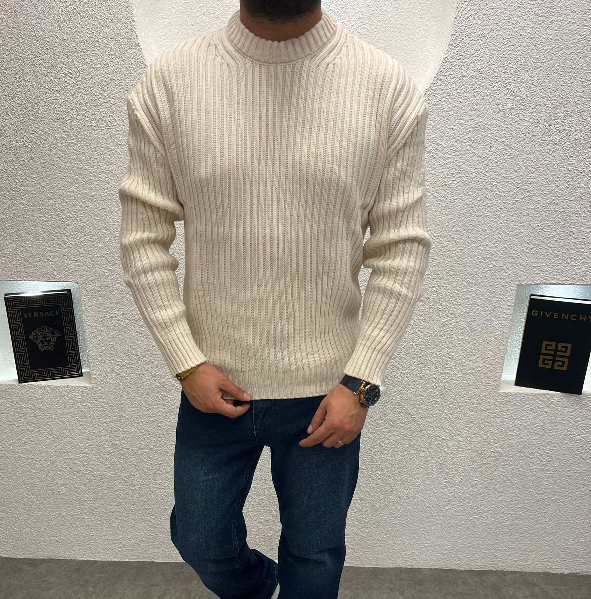 Bisiklet Yaka Kalın Triko Kazak Krem