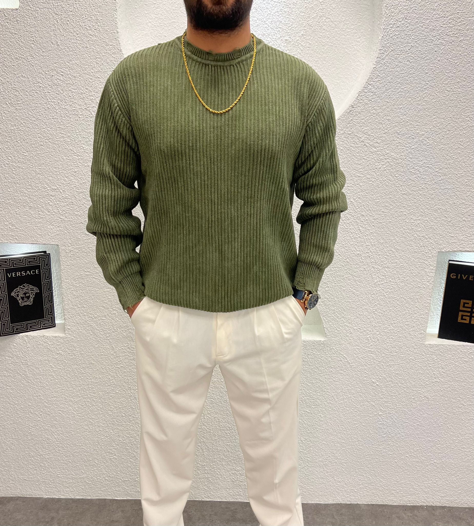 Yıkamalı Lazer Kesim Kalın Triko Kazak Haki