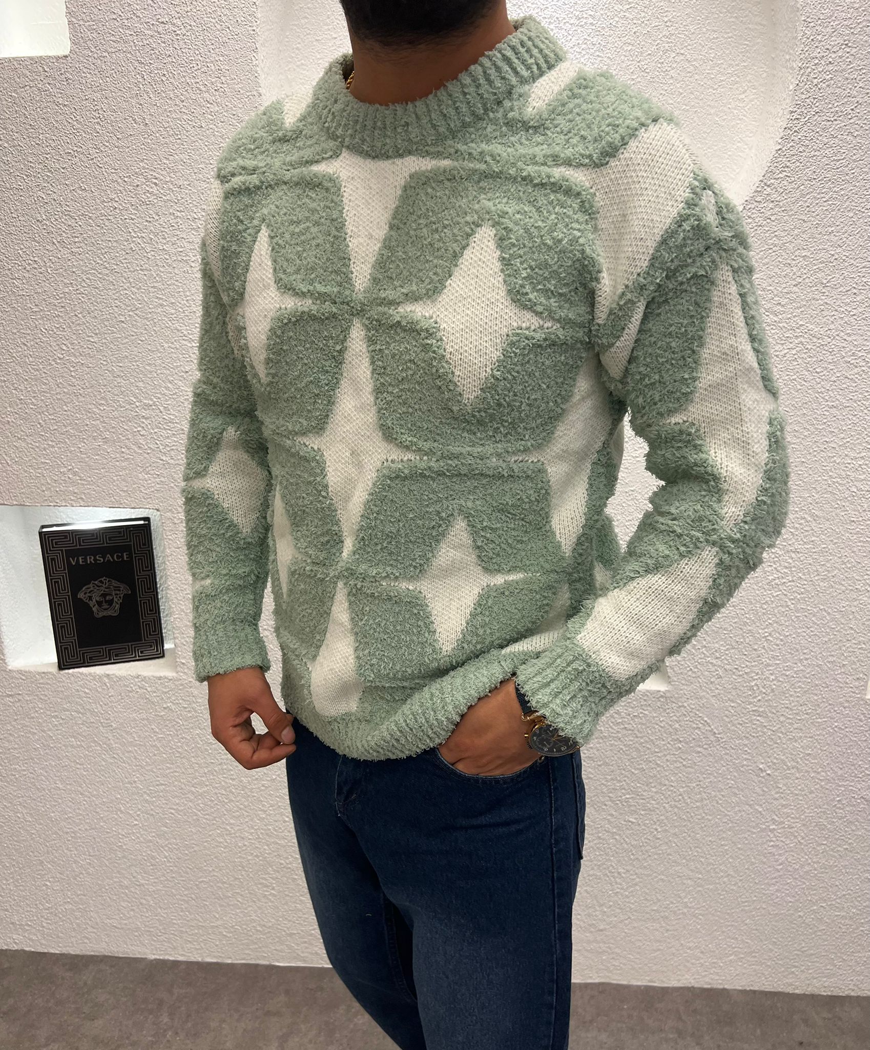 Desenli Peluş Erkek Kalın Kazak Yeşil 